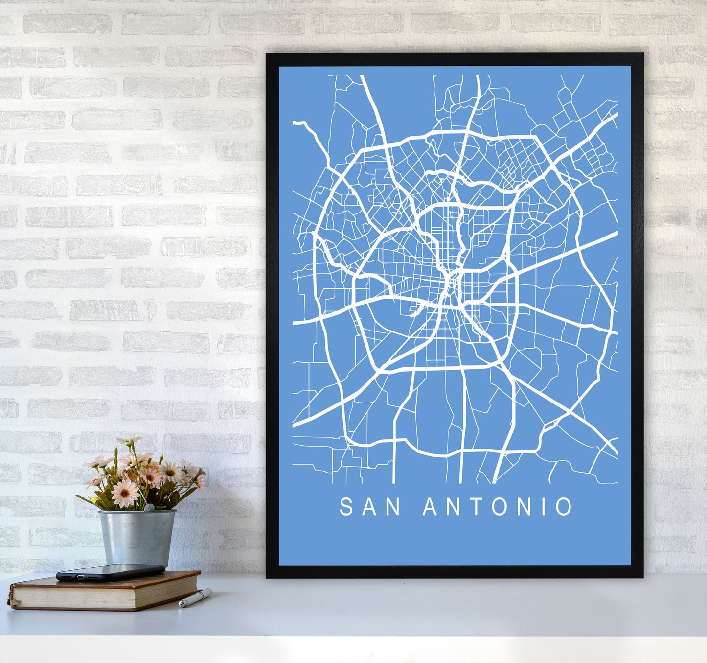 San Antonio Map Blueprint Art Print by Pixy Paper A1 White Frame