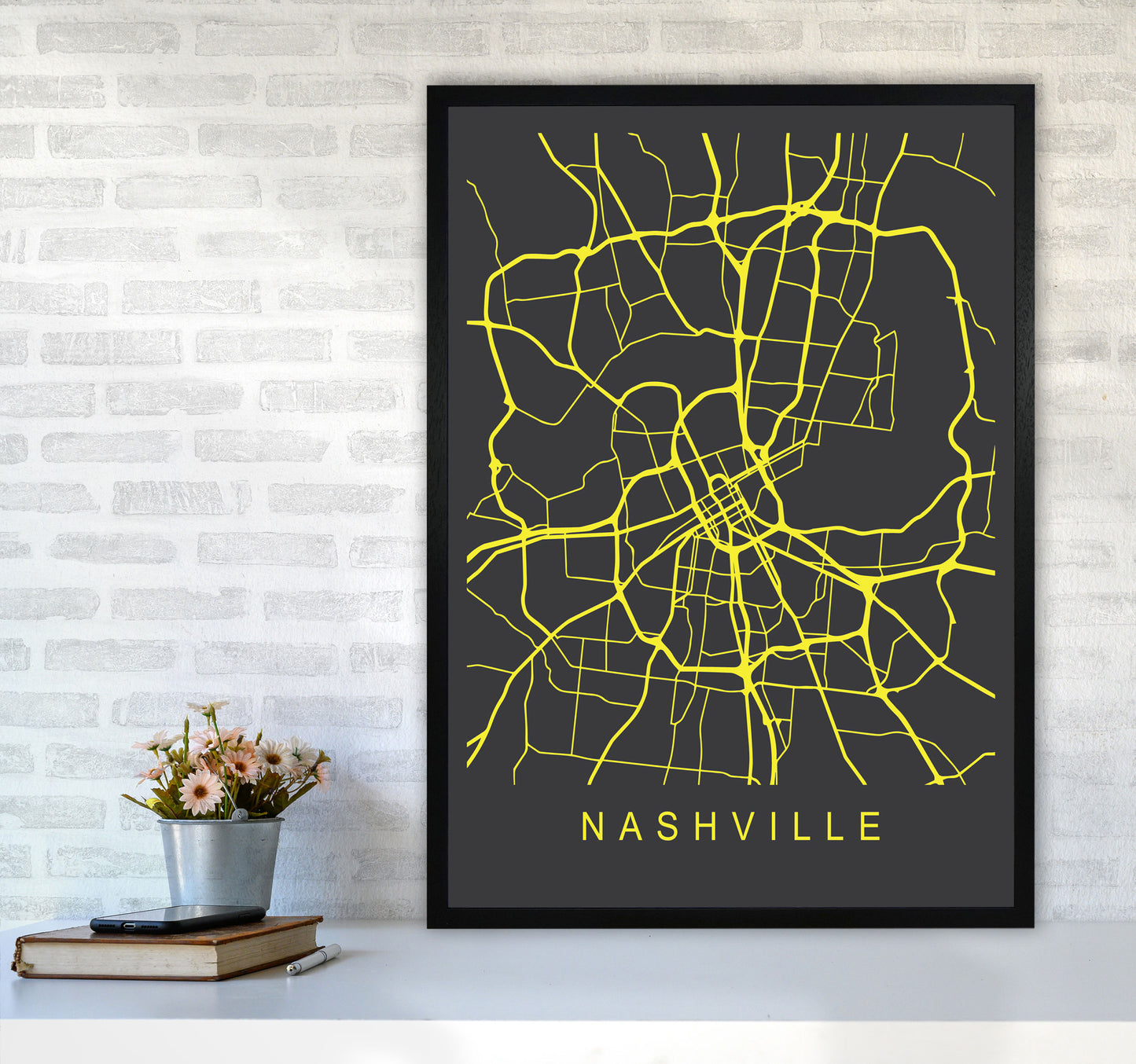 Nashville Map Neon Art Print by Pixy Paper A1 White Frame