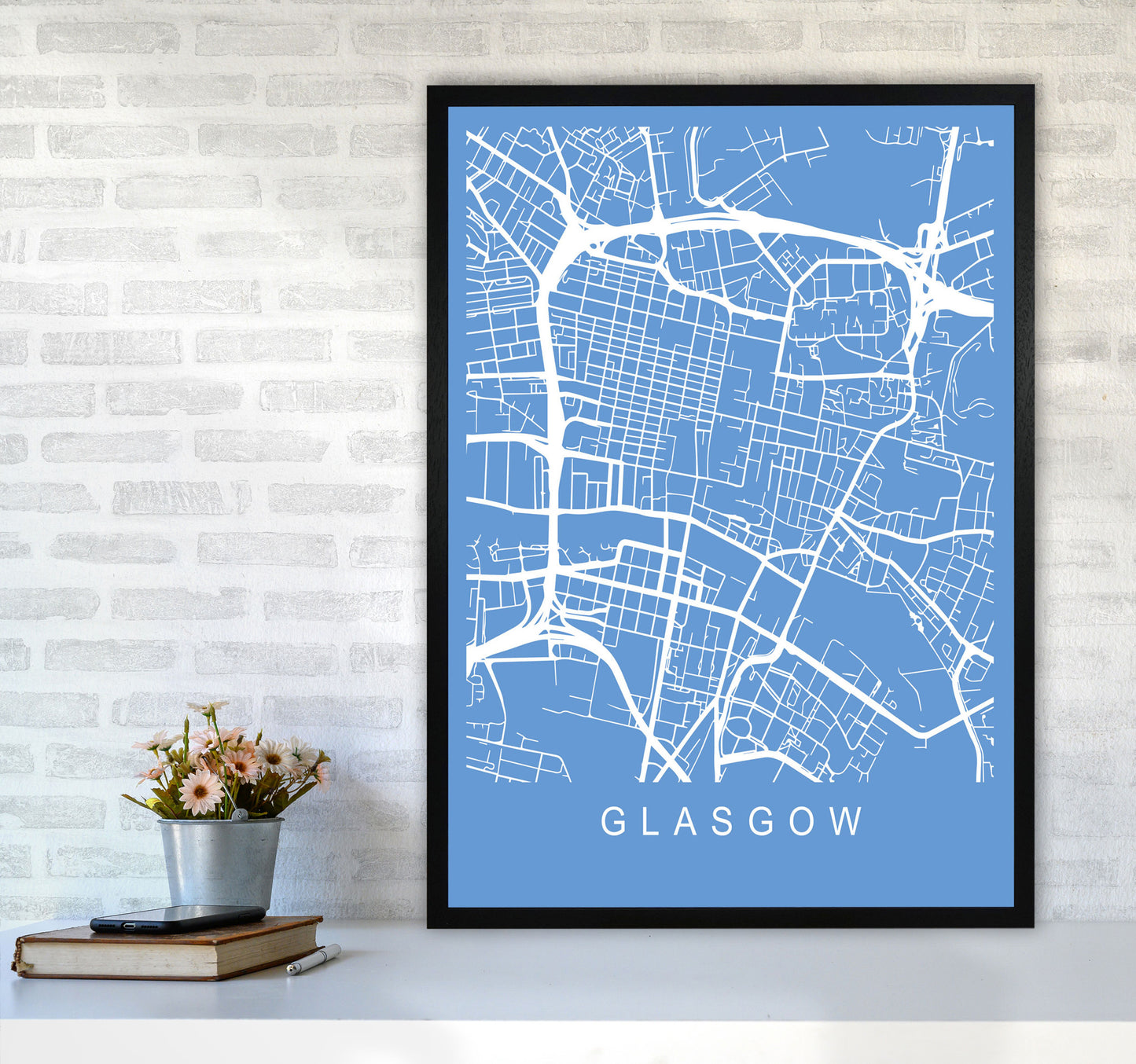 Glasgow Map Blueprint Art Print by Pixy Paper A1 White Frame