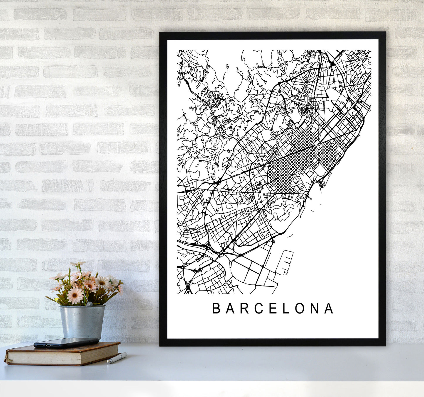 Barcelona Map Art Print by Pixy Paper A1 White Frame