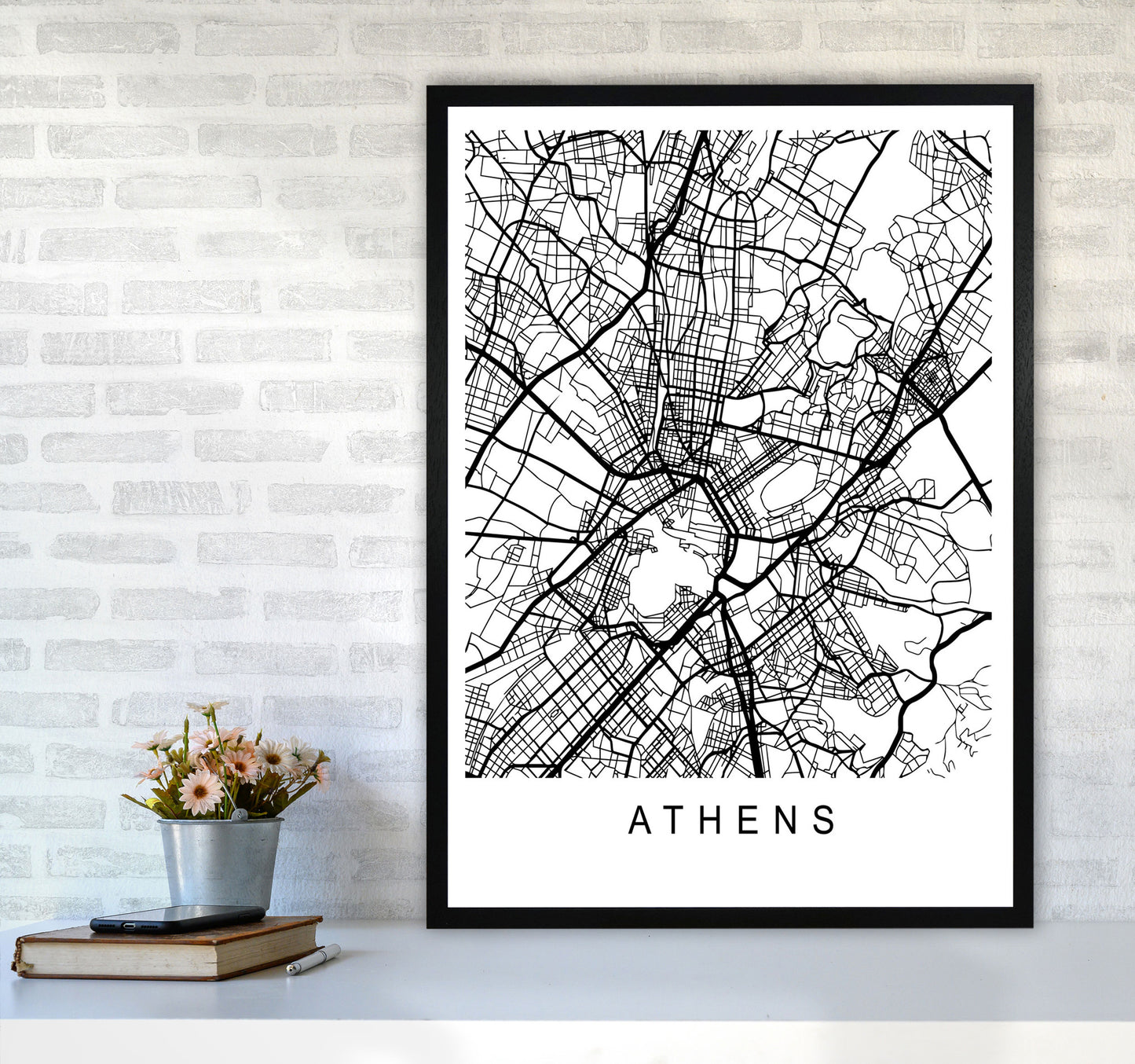 Athens Map Art Print by Pixy Paper A1 White Frame