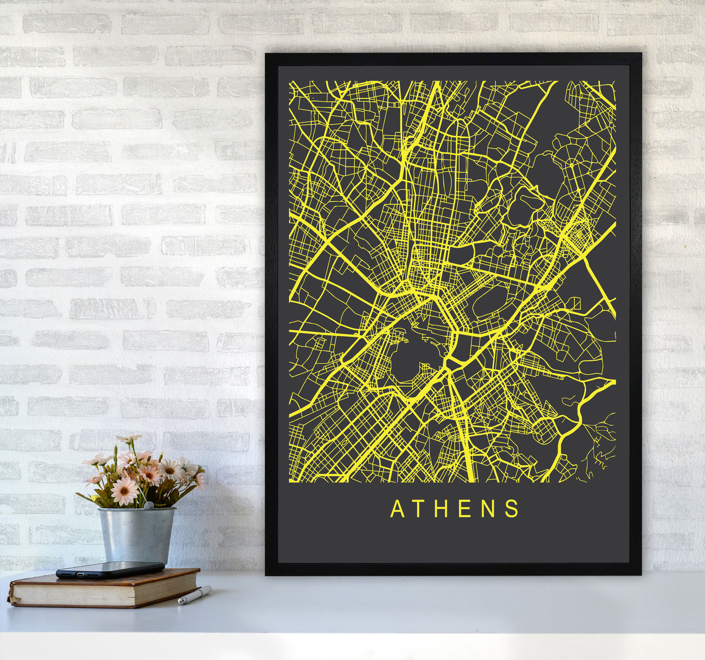 Athens Map Neon Art Print by Pixy Paper A1 White Frame