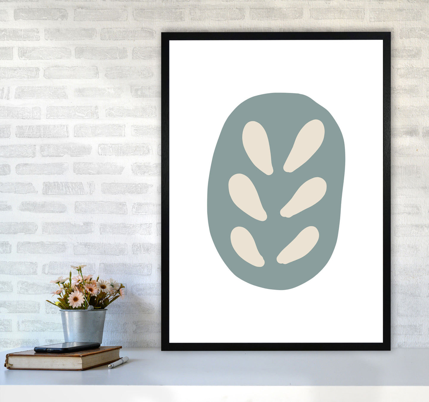 Inspired Teal Floral Abstract Art Print by Pixy Paper A1 White Frame