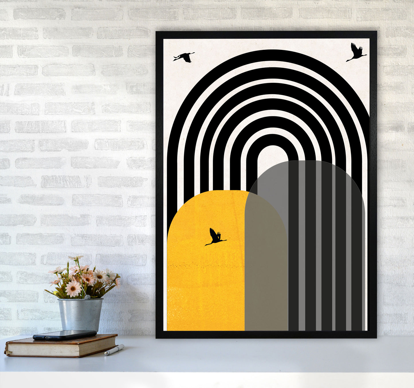 Giant rainbow with birds mustard Art Print by Pixy Paper A1 White Frame