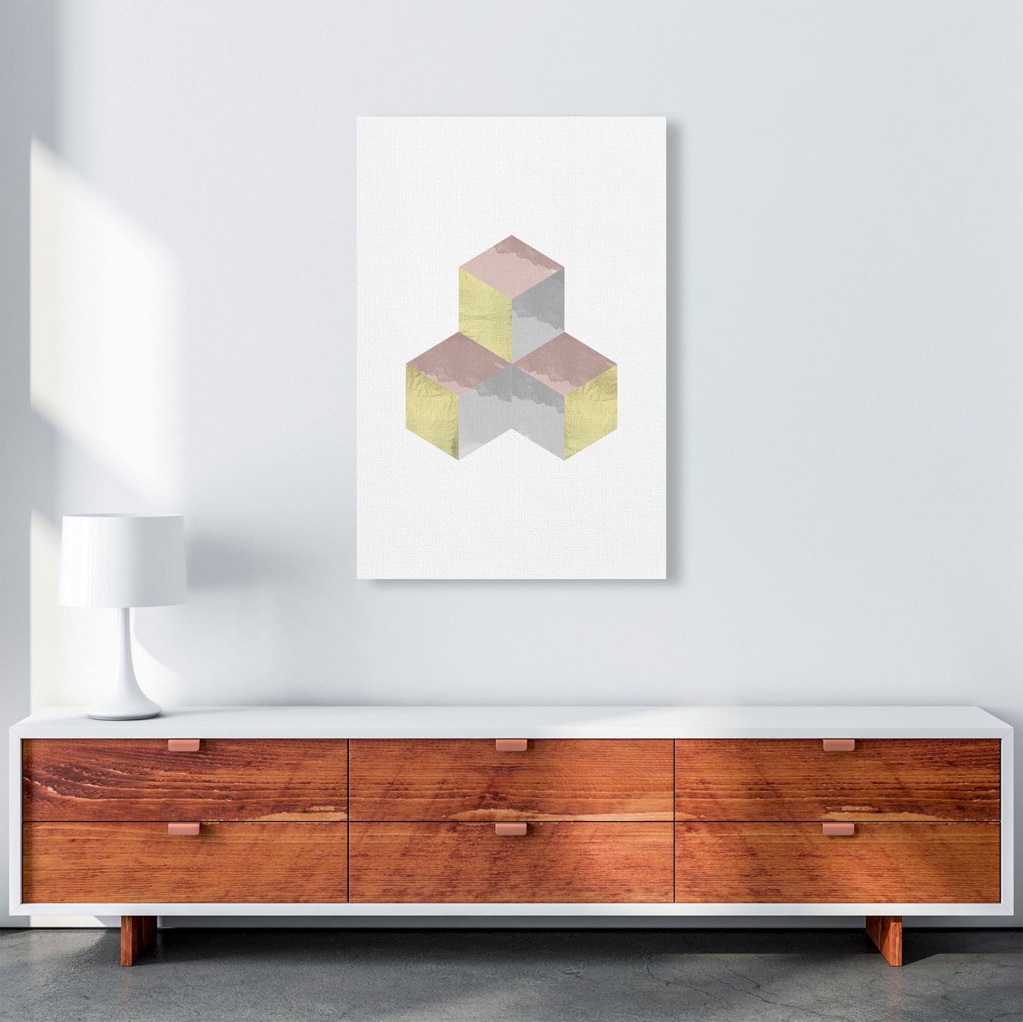 Gold, Pink And Grey Abstract Cubes Modern Print A1 Canvas