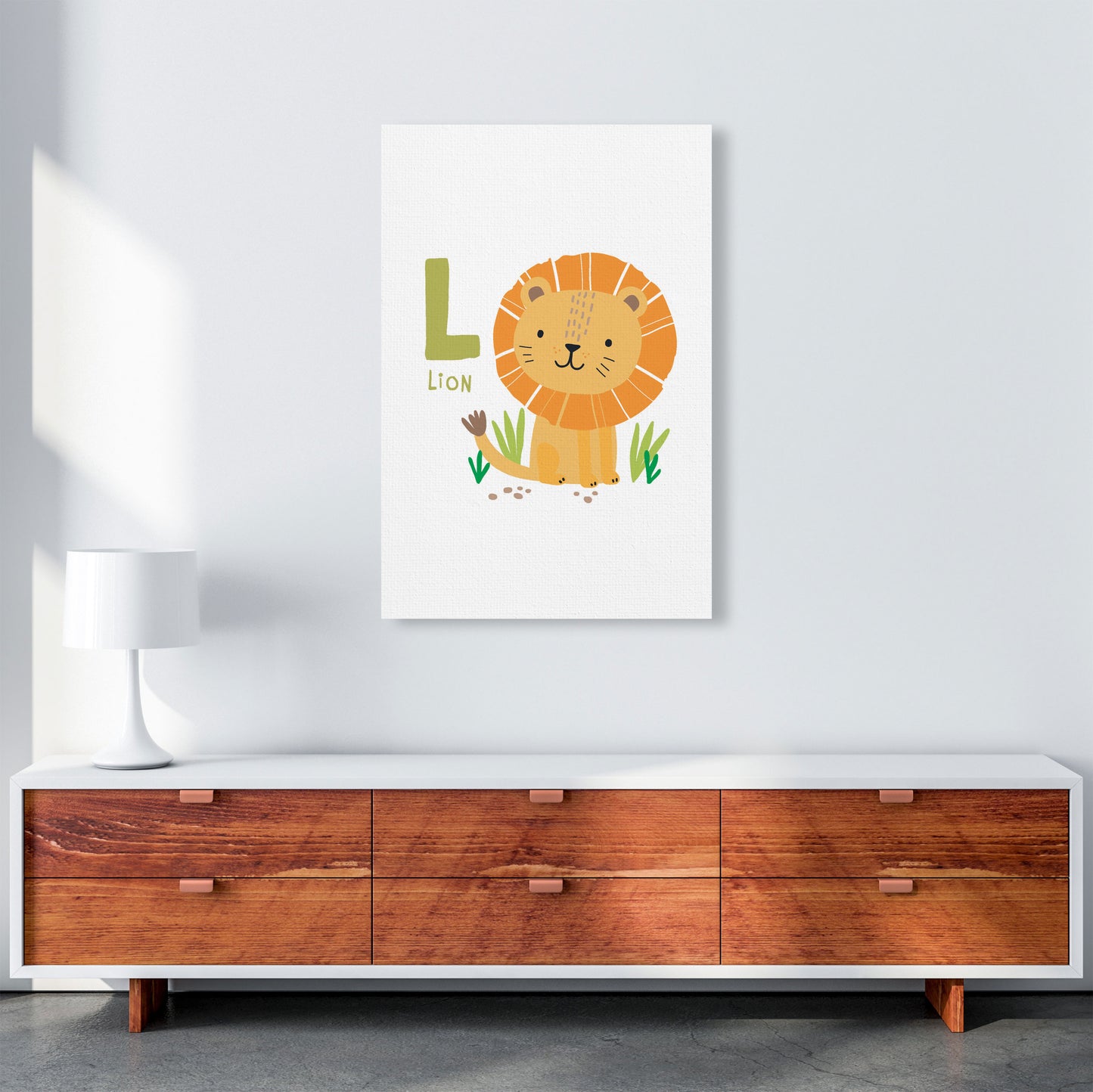 Alphabet Animals, L Is For Lion Framed Nursey Wall Art Print A1 Canvas