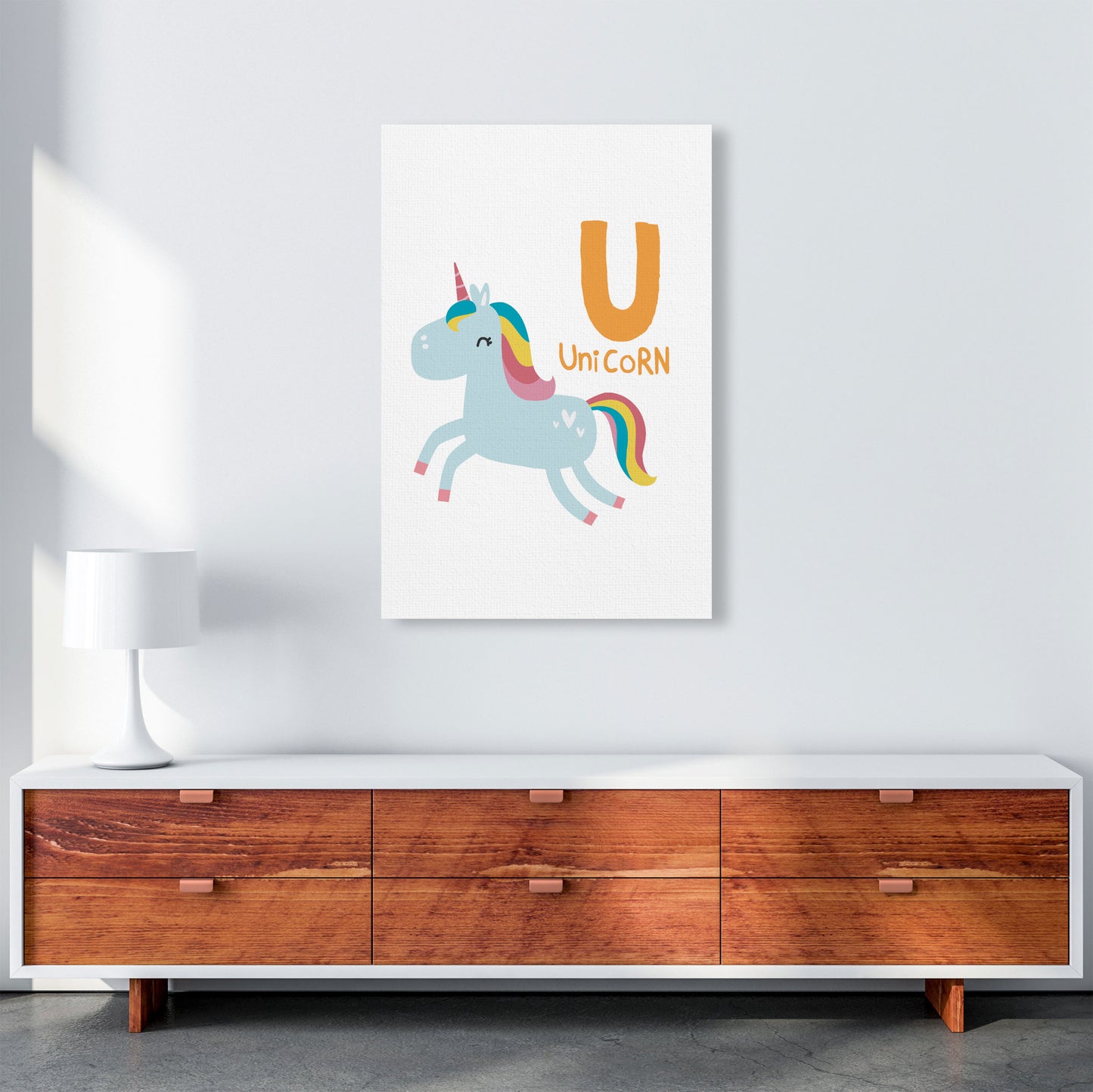 Alphabet Animals, U Is For Unicorn Framed Nursey Wall Art Print A1 Canvas