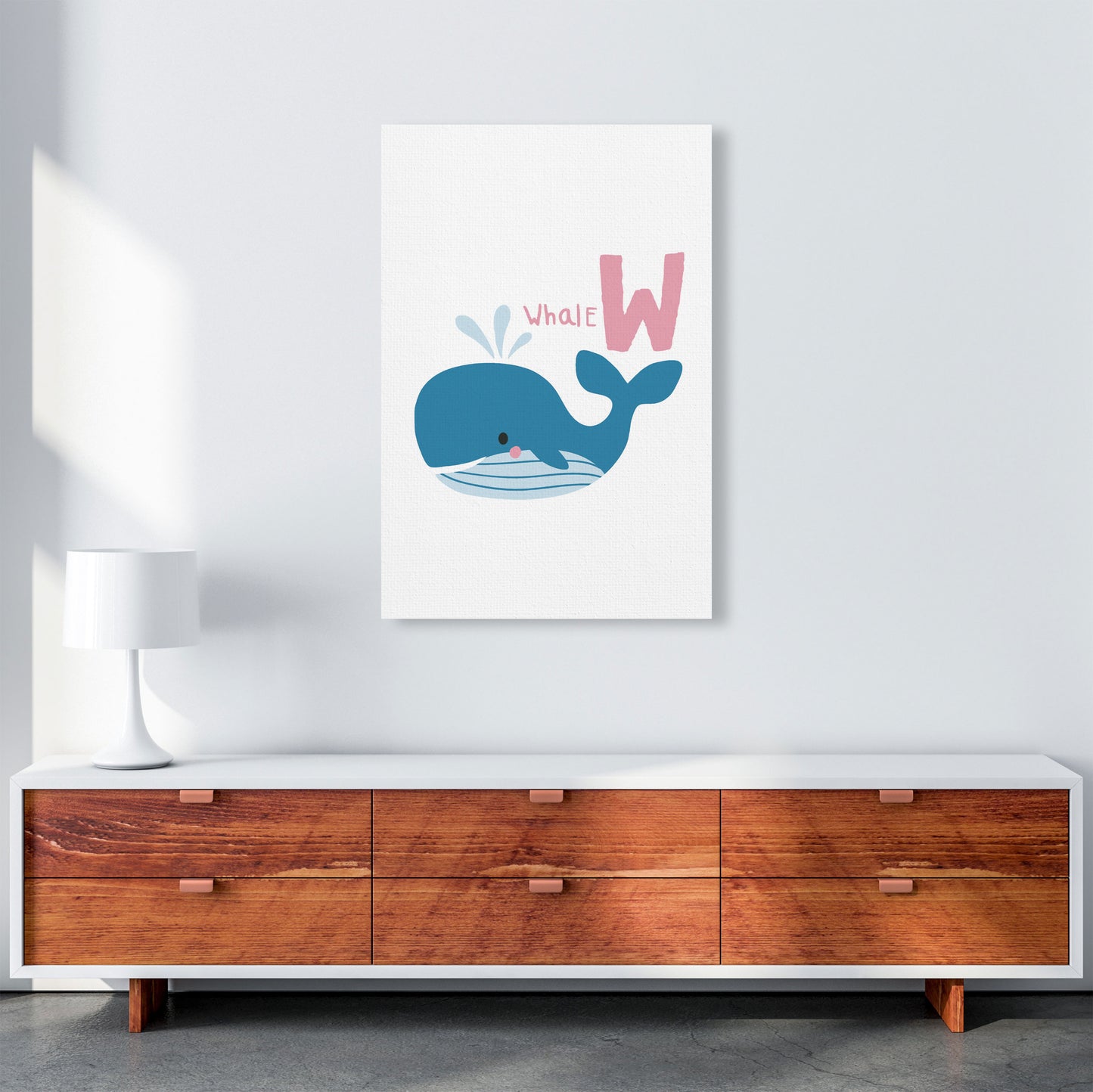 Alphabet Animals, W Is For Whale Framed Nursey Wall Art Print A1 Canvas