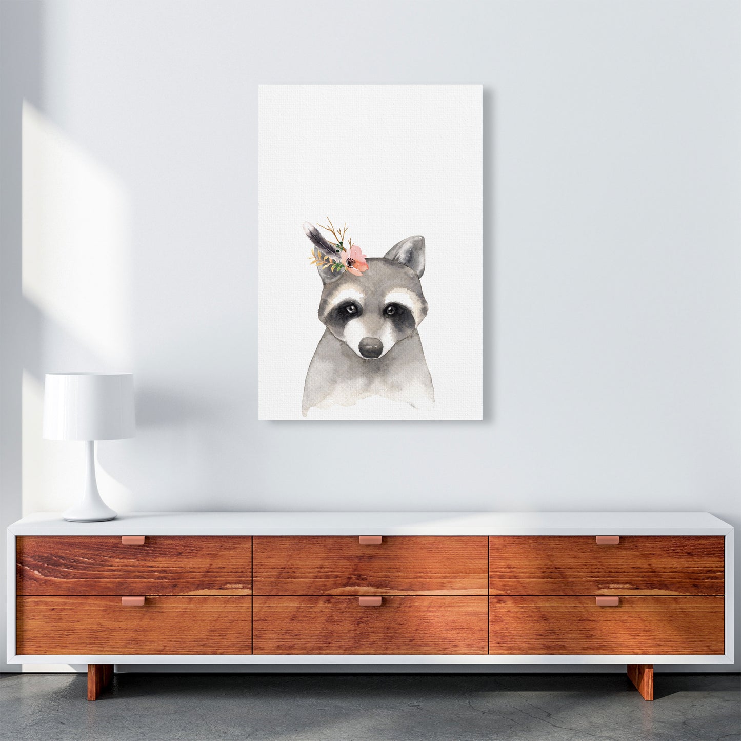 Forest Friends, Floral Cute Raccoon Modern Print Animal Art Print A1 Canvas