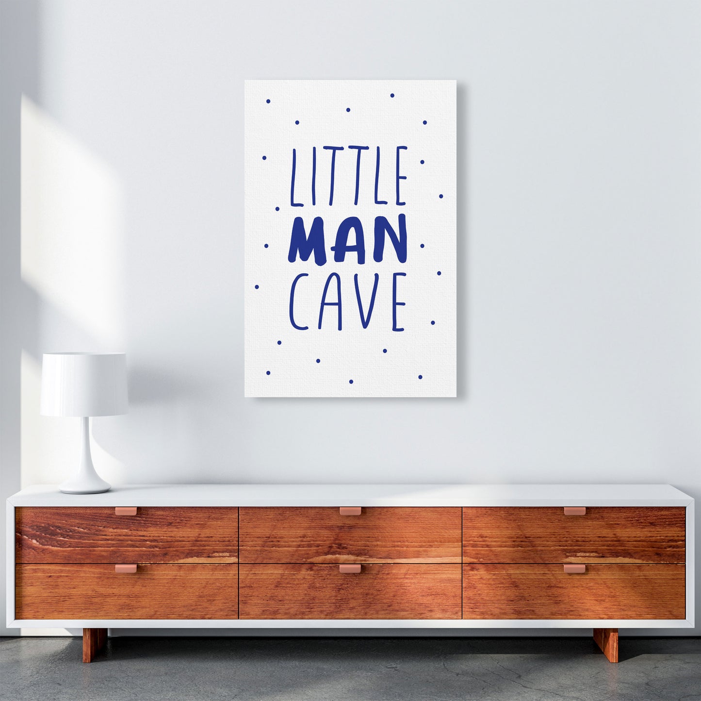 Little Man Cave Navy Dots Framed Nursey Wall Art Print A1 Canvas