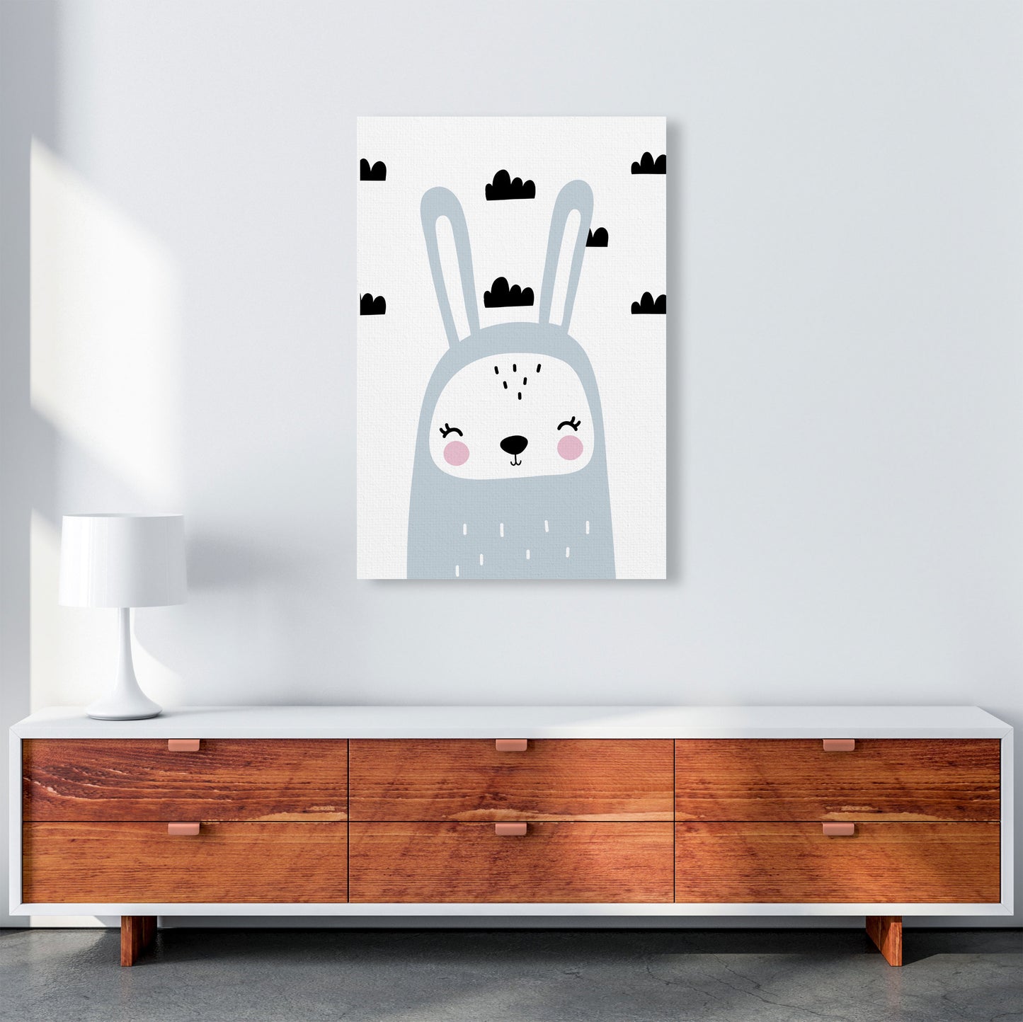 Blue Scandi Bunny With Clouds Modern Print Animal Art Print A1 Canvas