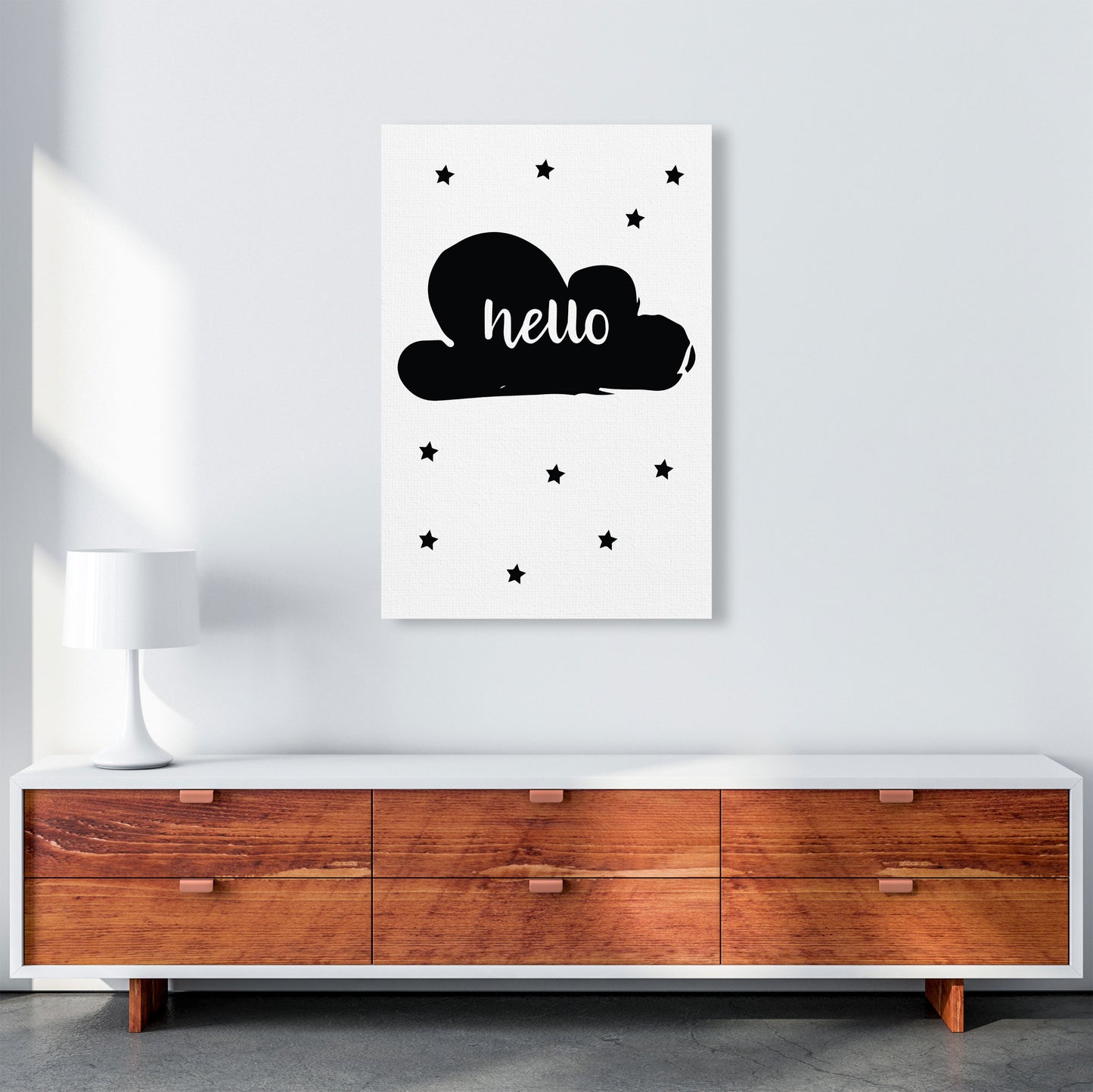 Hello Cloud Black Framed Nursey Wall Art Print A1 Canvas