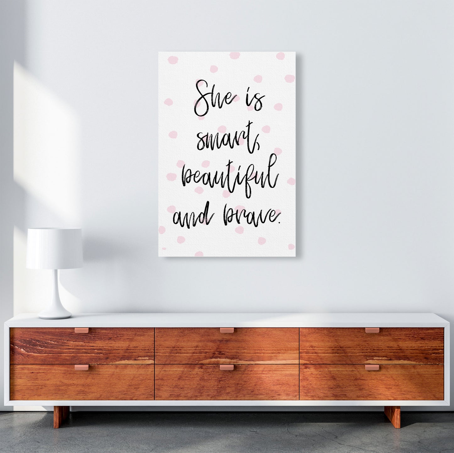 She Is Smart Beautiful And Brave Pink Polka Modern Print A1 Canvas