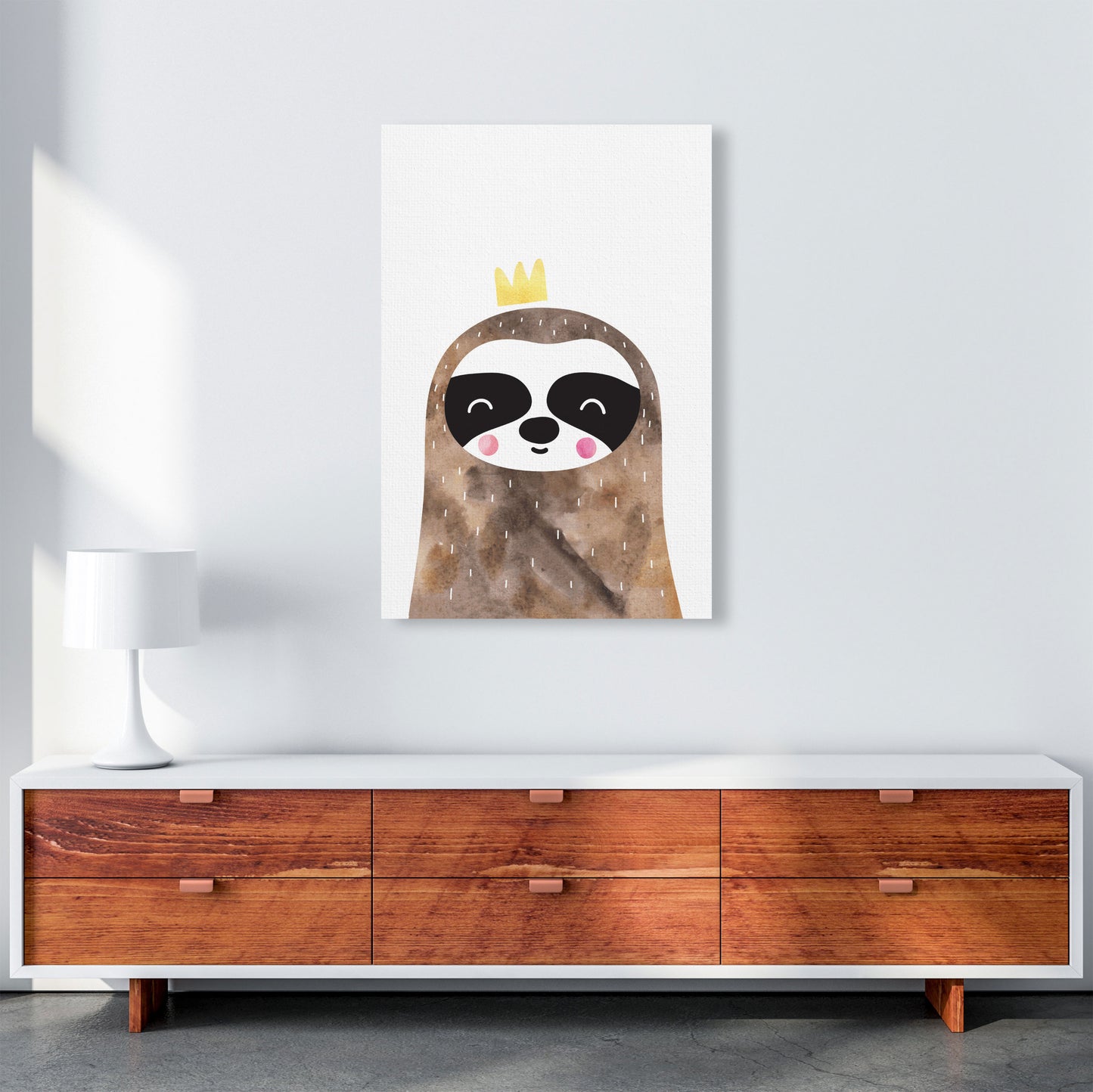 Scandi Brown Sloth Watercolour Framed Nursey Wall Art Print A1 Canvas