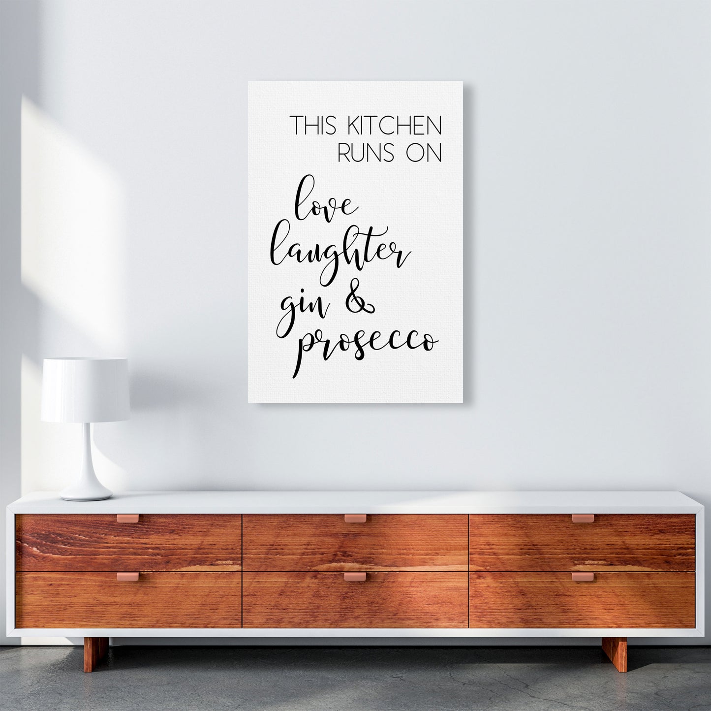 This Kitchen Runs On Love Laughter Gin & Prosecco Print, Framed Kitchen Wall Art A1 Canvas