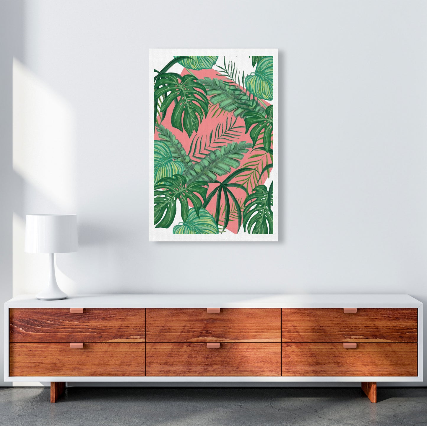 Abstract Leaves With Pink Background Modern Print, Framed Botanical Nature Art A1 Canvas
