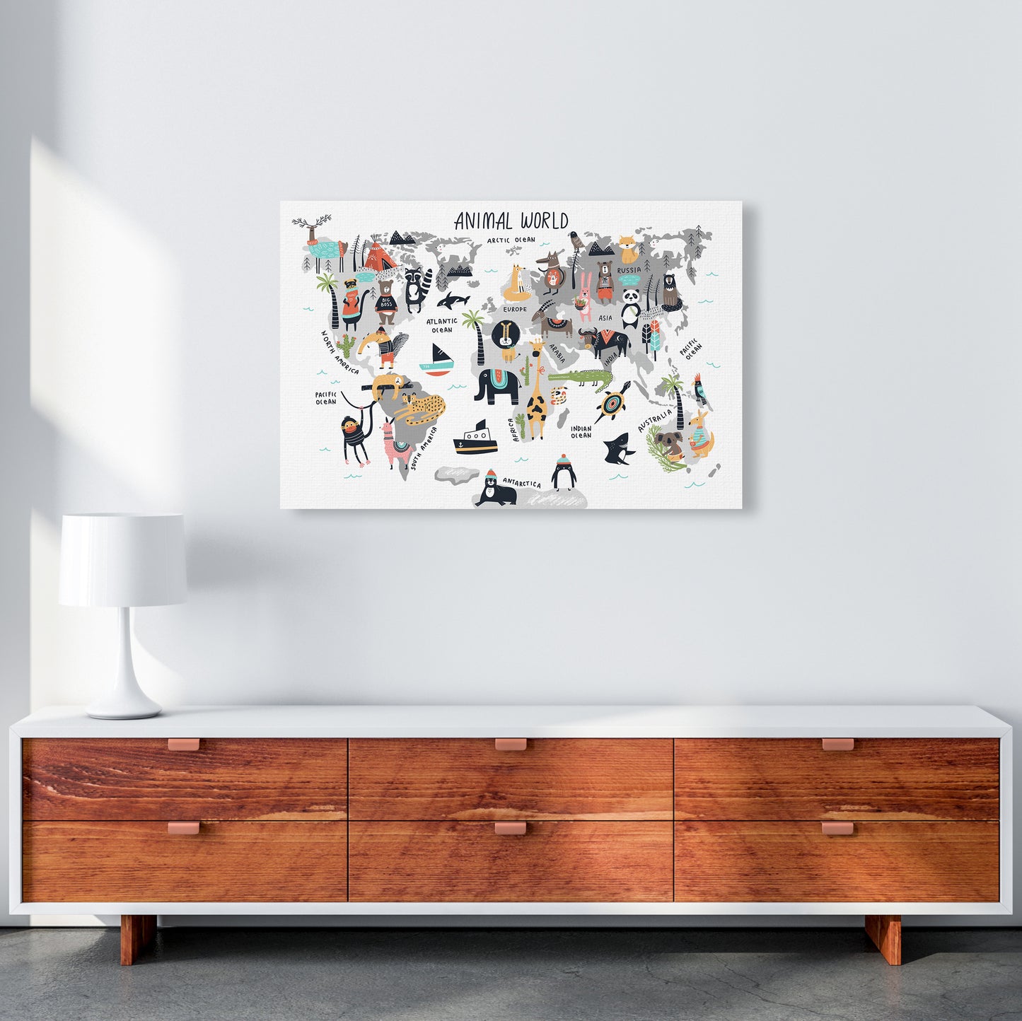 Animal World Map Art Print by Pixy Paper A1 Canvas