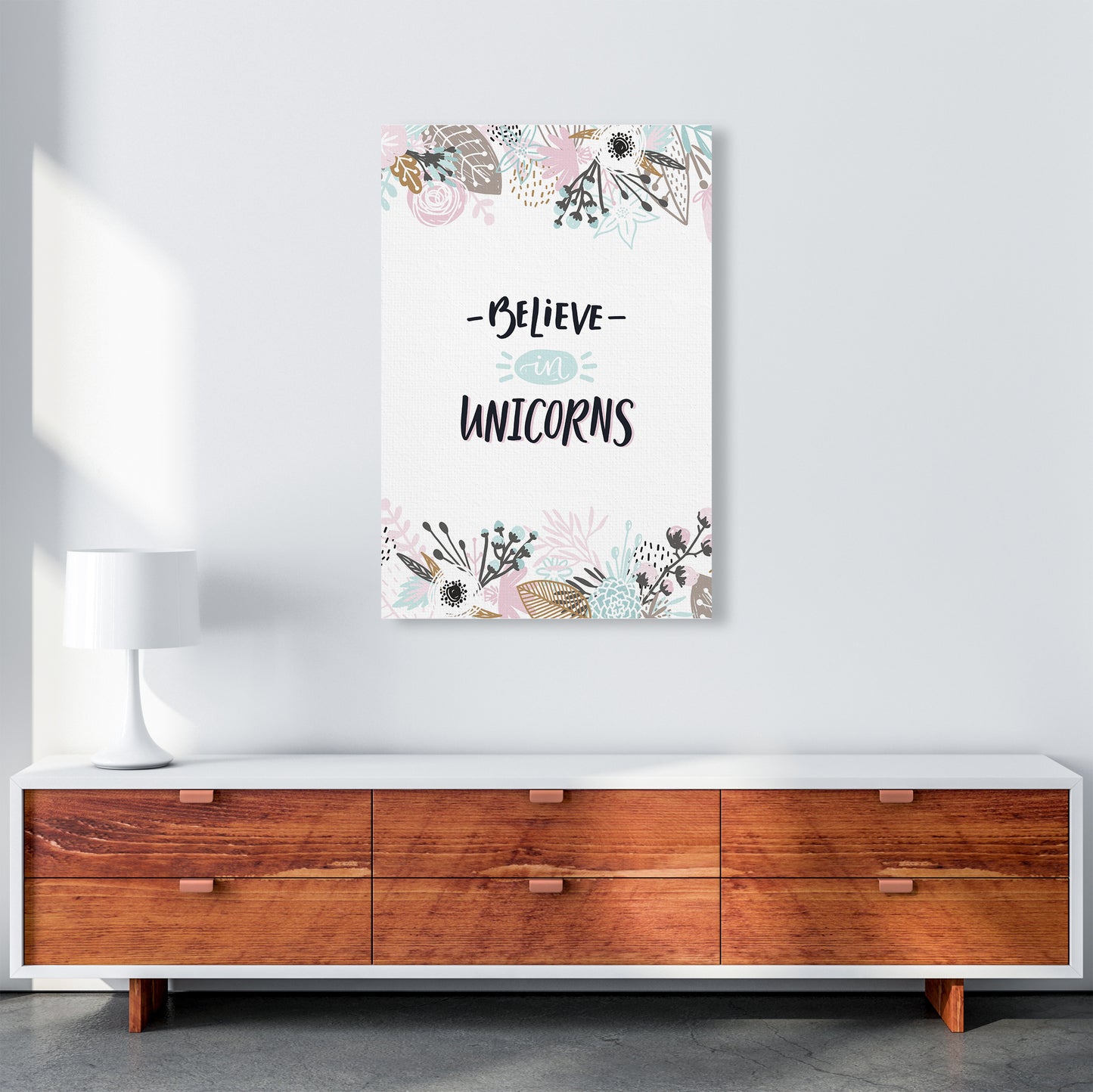 Believe In Unicorns Floral Art Print by Pixy Paper A1 Canvas