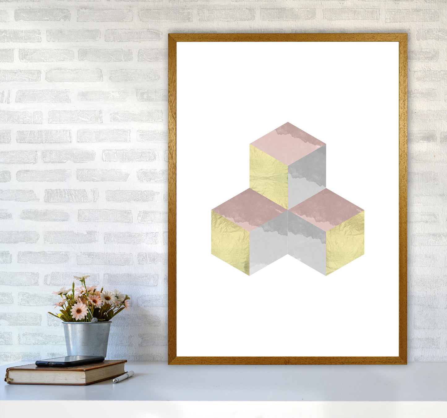 Gold, Pink And Grey Abstract Cubes Modern Print A1 Print Only