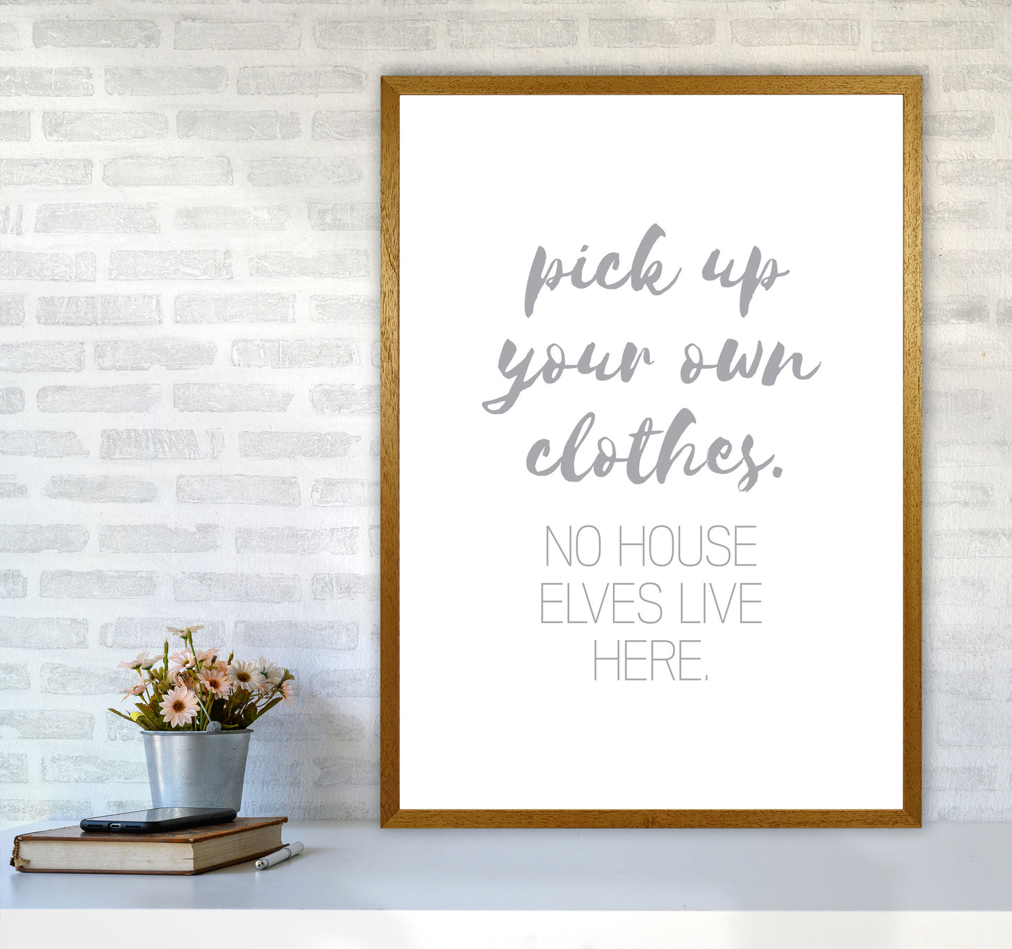 House Elves Grey, Bathroom Framed Typography Wall Art Print A1 Print Only