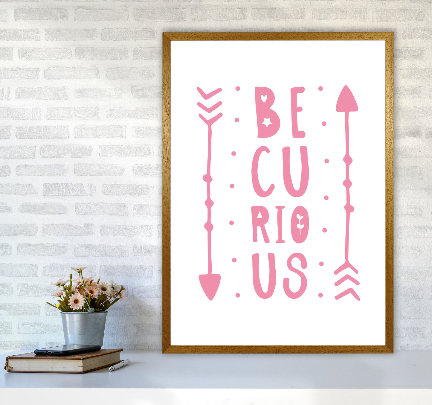 Be Curious Pink Framed Typography Wall Art Print A1 Print Only