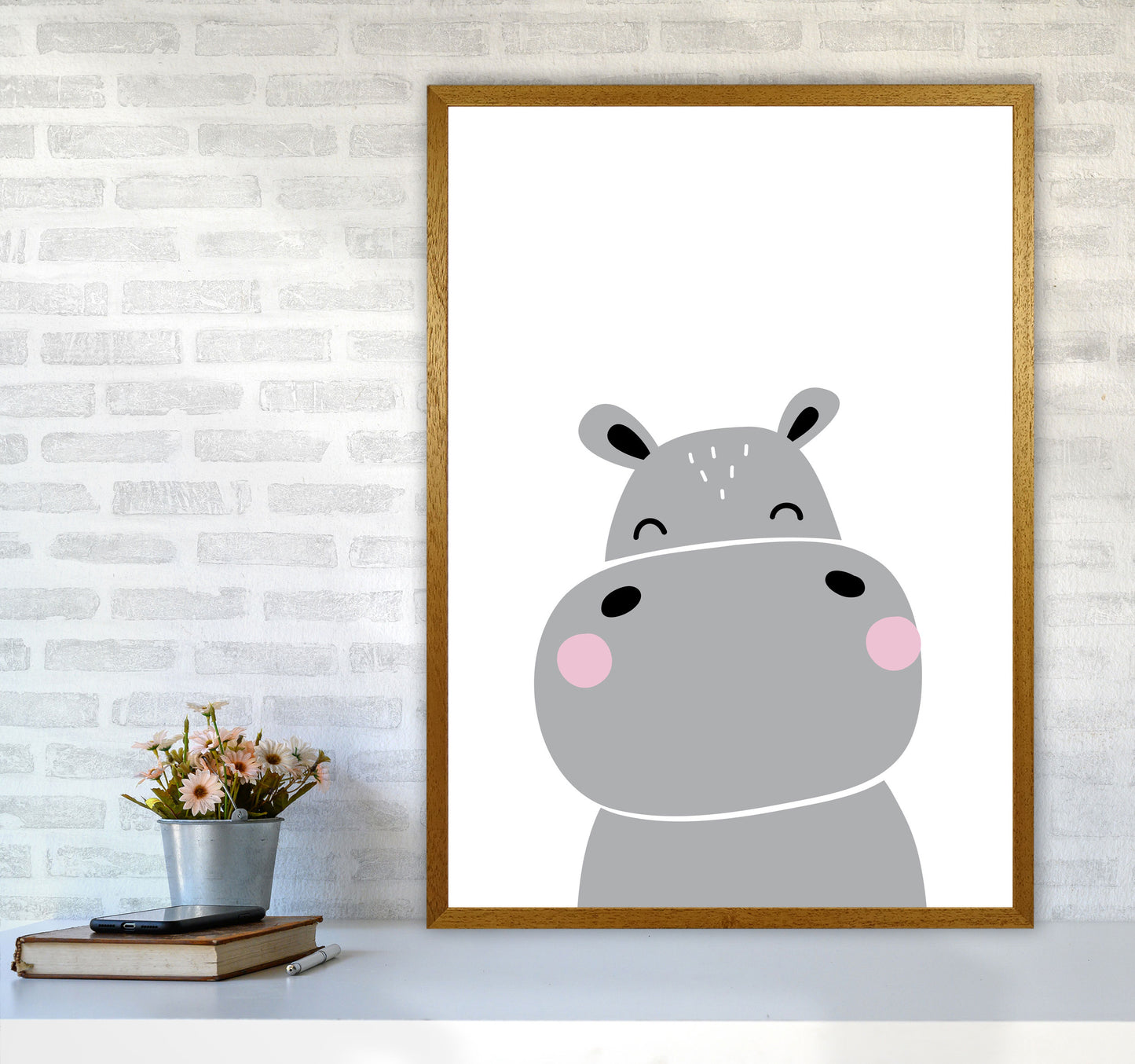 Scandi Hippo Framed Nursey Wall Art Print A1 Print Only
