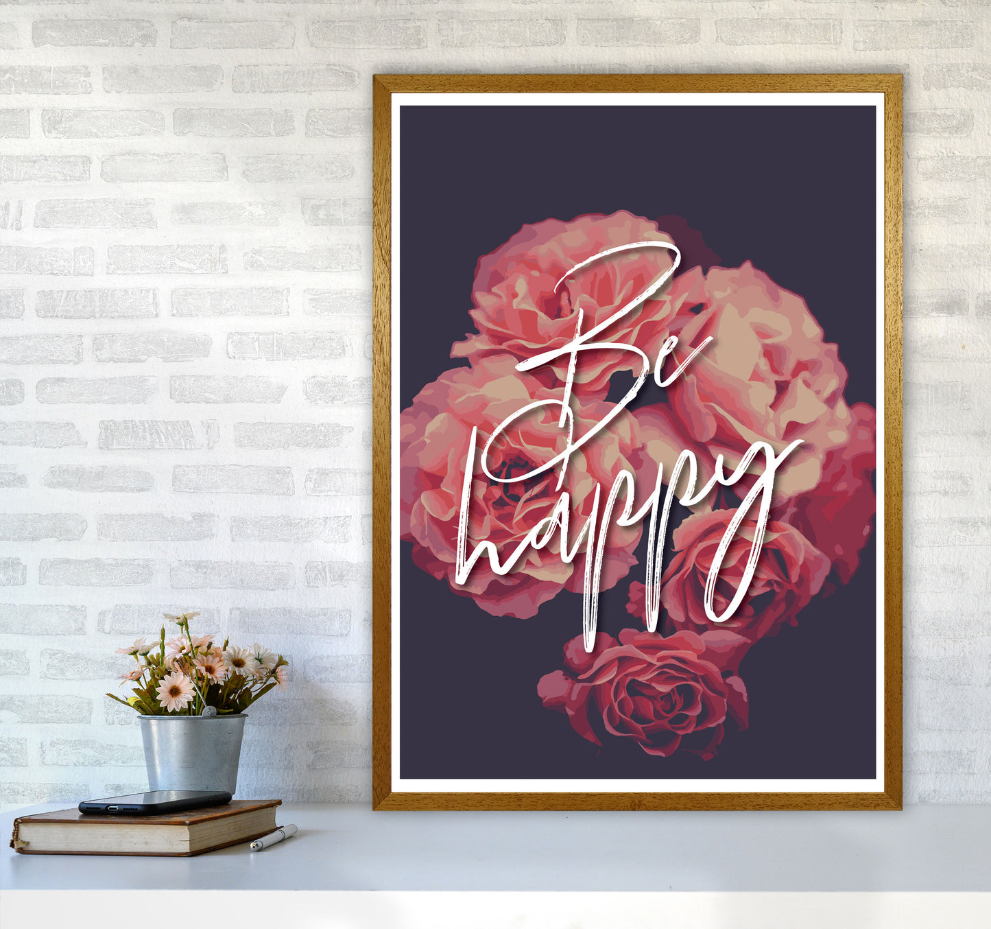 Be Happy Floral Modern Print, Framed Botanical & Nature Art Print A1 Print Only