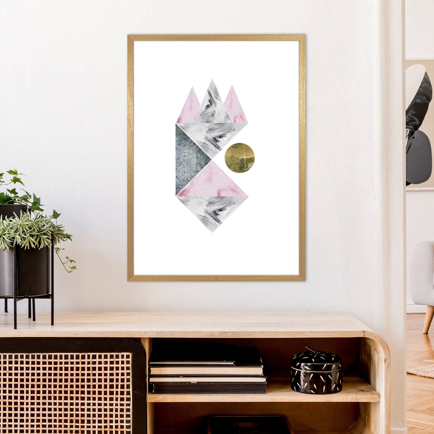 Luna Side Moon Pink And Grey Triangles Abstract Art Print by Pixy Paper A1 Print Only