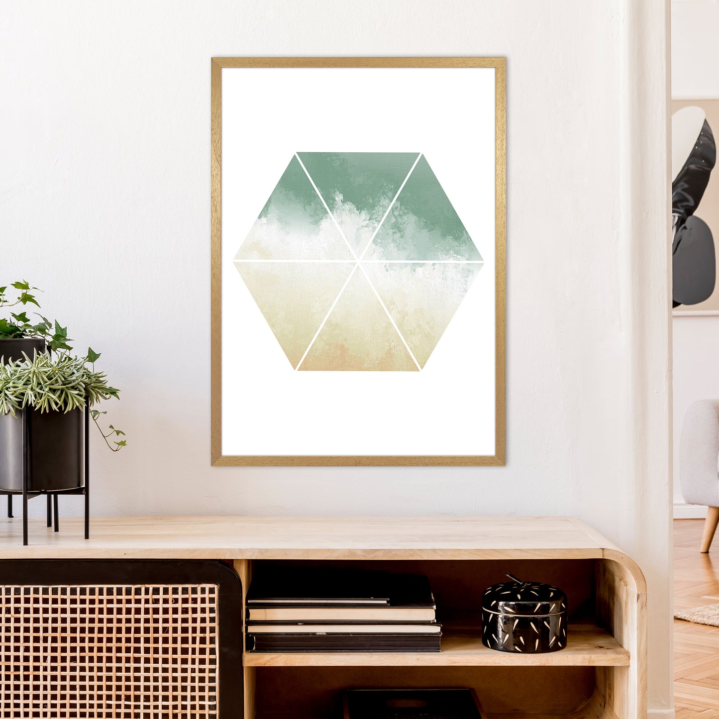 Green And Beige Watercolour Hexagon Abstract Art Print by Pixy Paper A1 Print Only