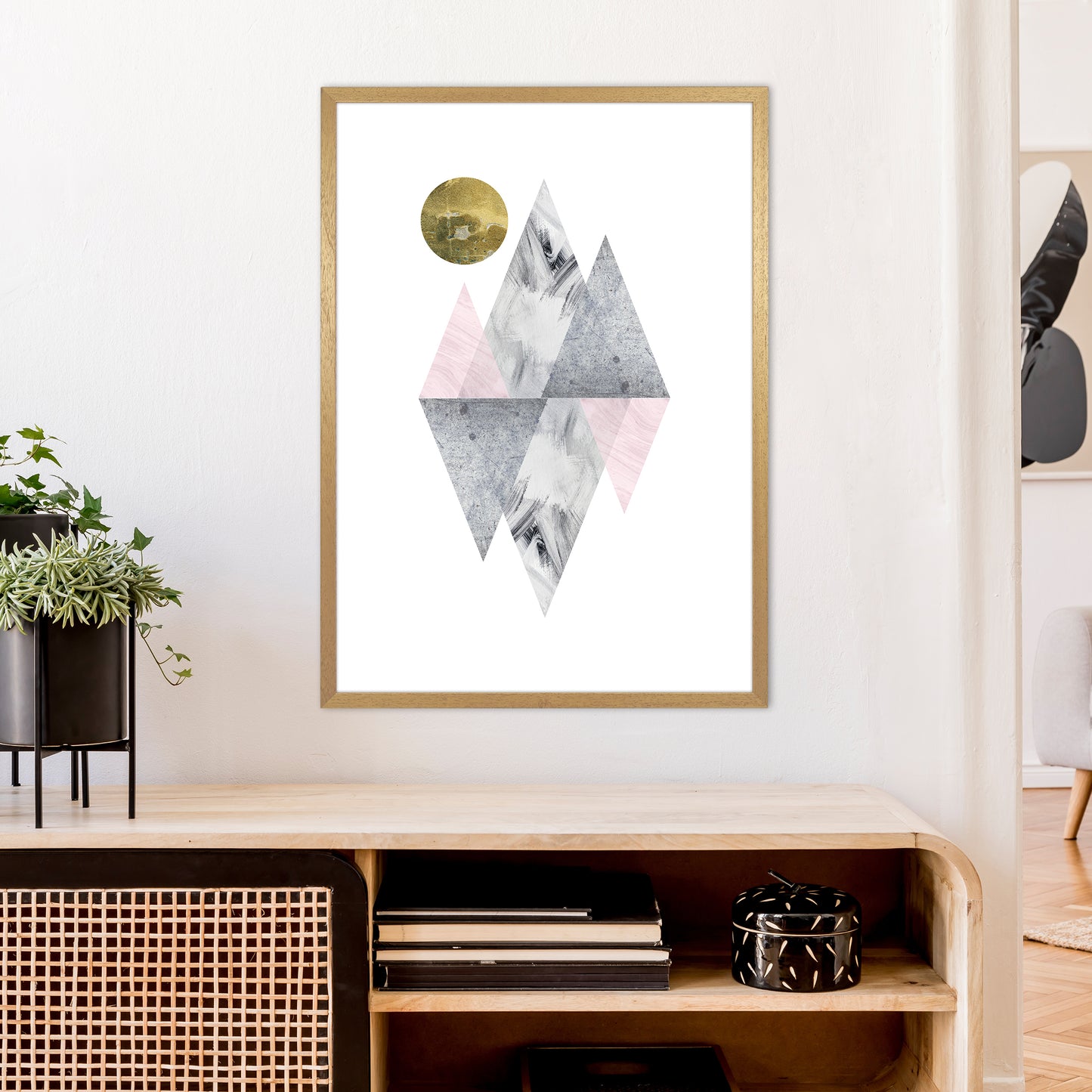 Luna Pink And Grey Diamonds With Gold Moon Art Print by Pixy Paper A1 Print Only