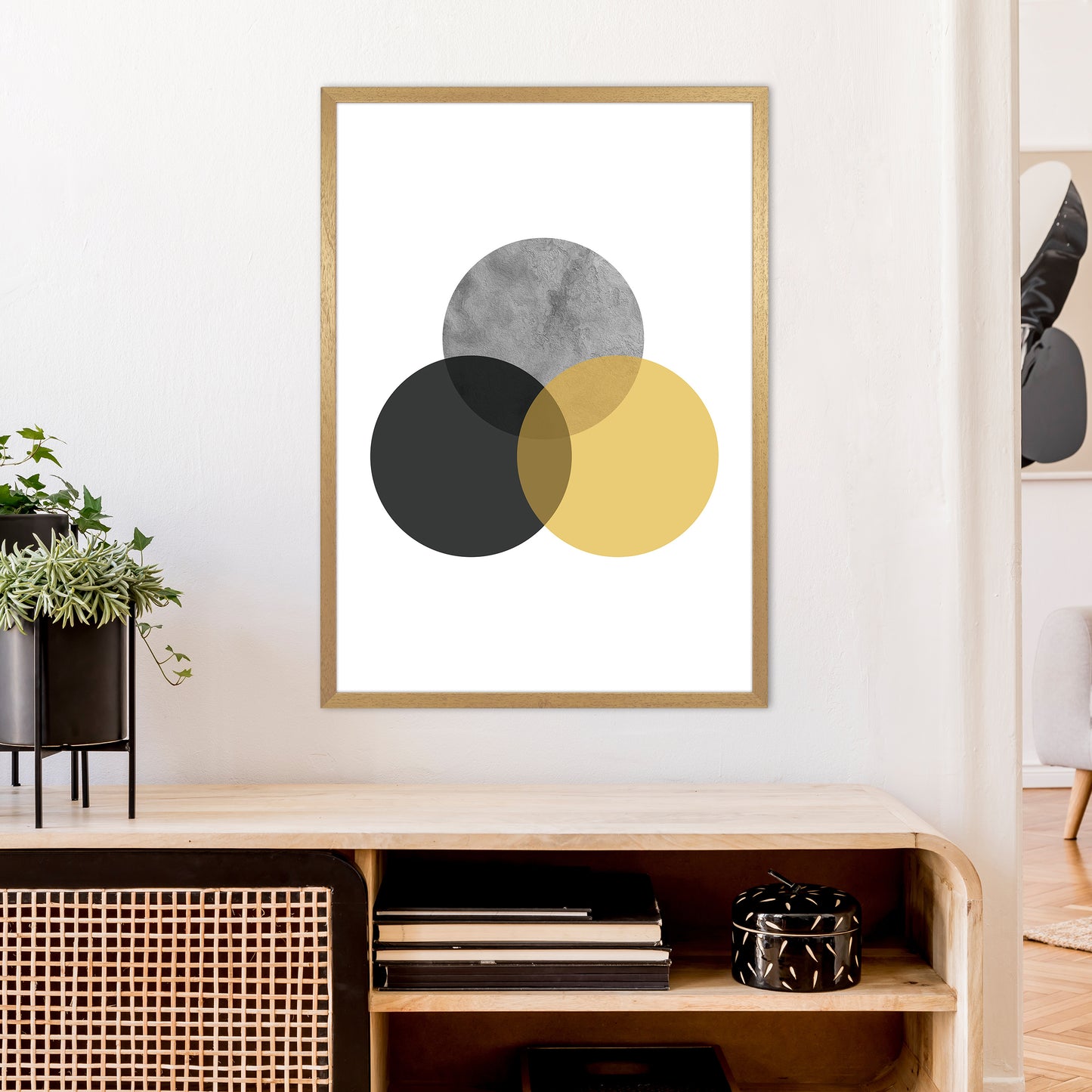 Geometric Mustard And Black Circles Art Print by Pixy Paper A1 Print Only