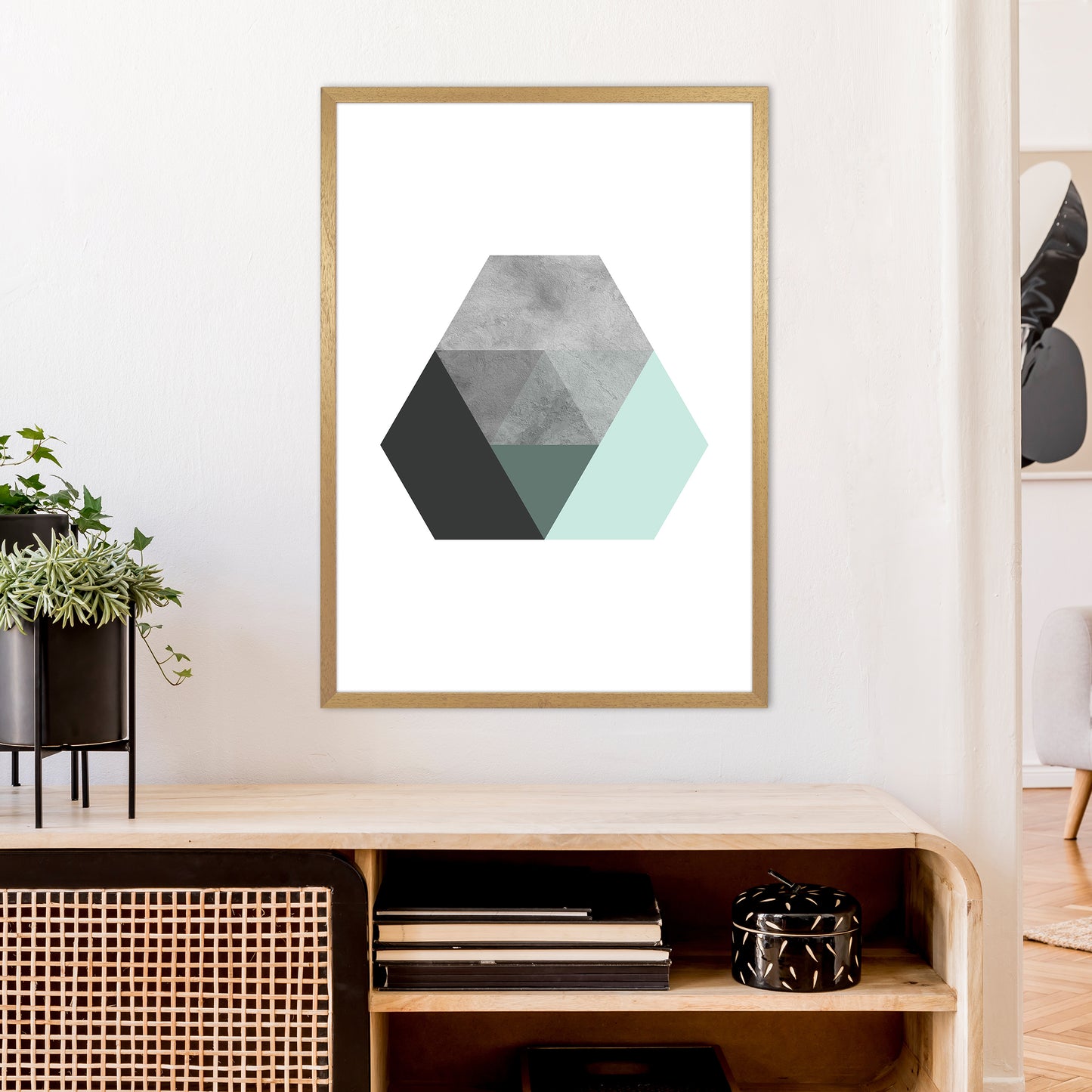 Geometric Mint And Black Hexagon Art Print by Pixy Paper A1 Print Only
