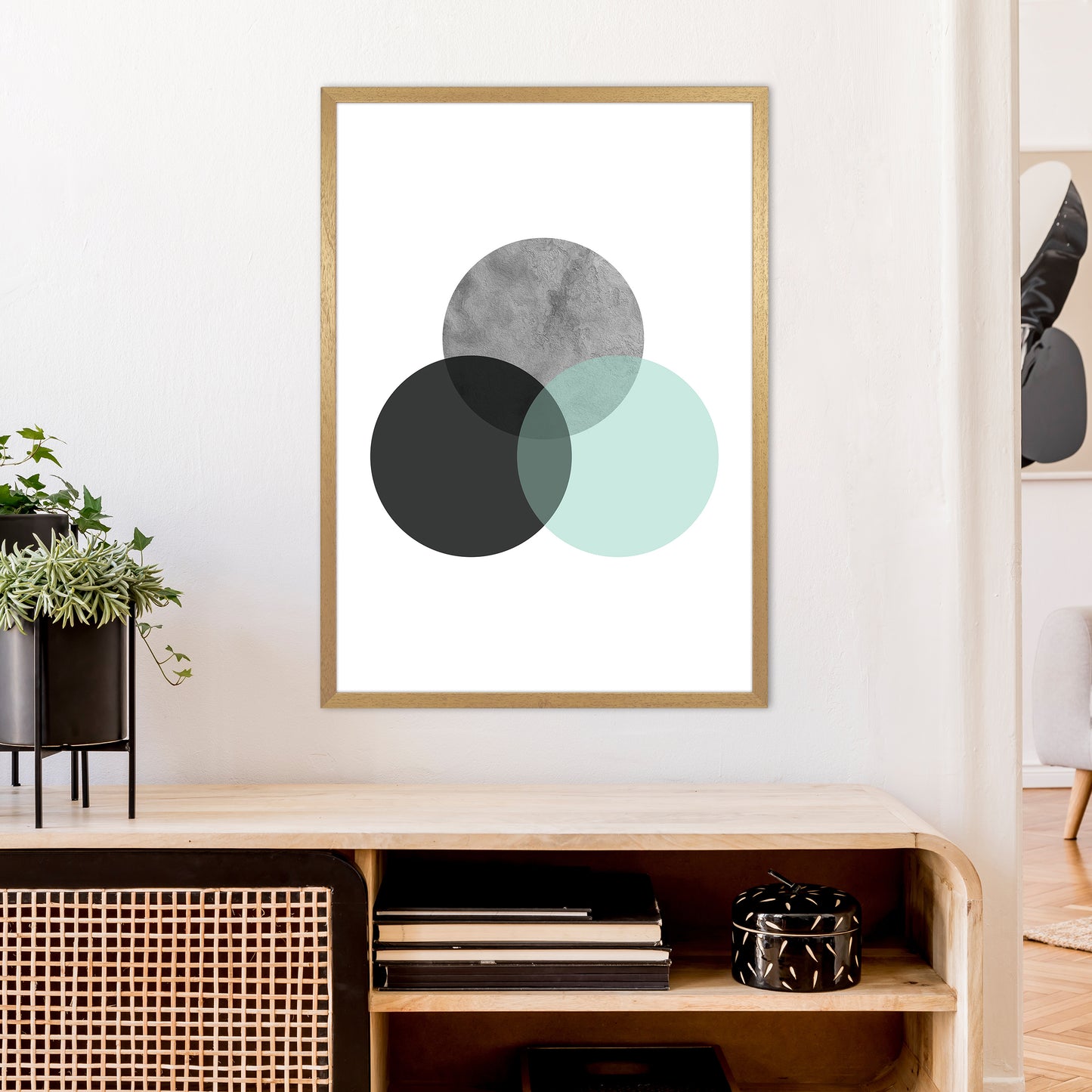 Geometric Mint And Black Circles Art Print by Pixy Paper A1 Print Only