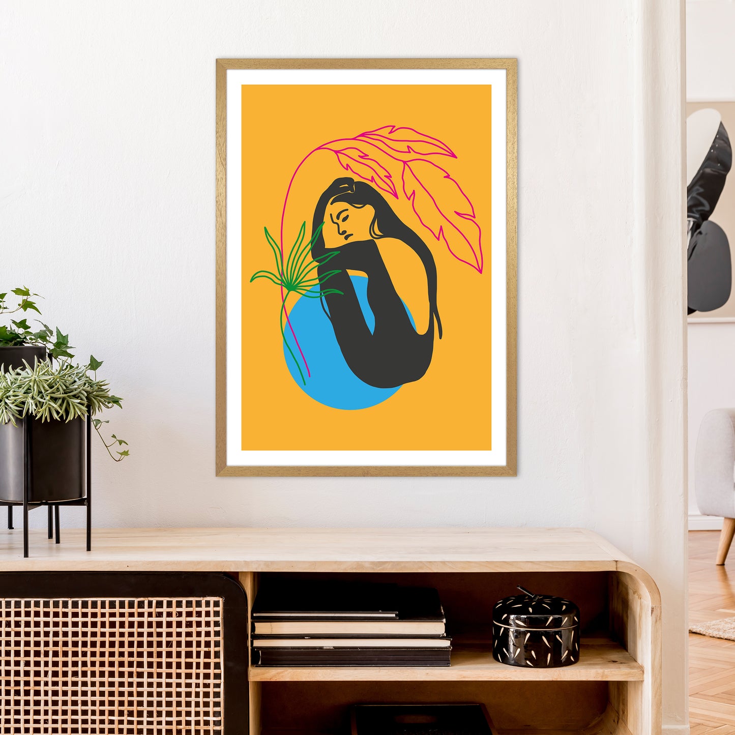 Girl Under Plant Yellow Neon Funk Art Print by Pixy Paper A1 Print Only