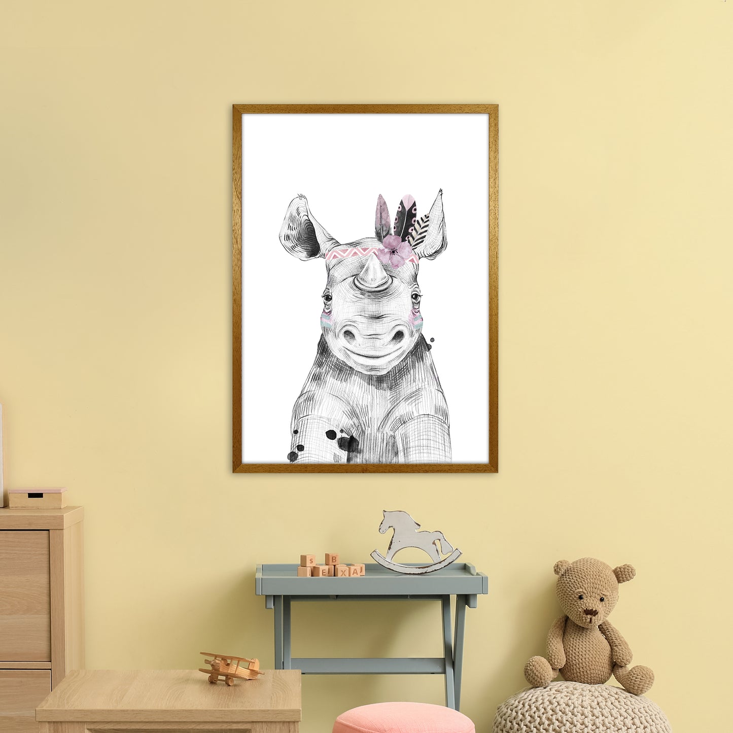 Safari Babies Rhino With Head Feathers Art Print by Pixy Paper A1 Print Only