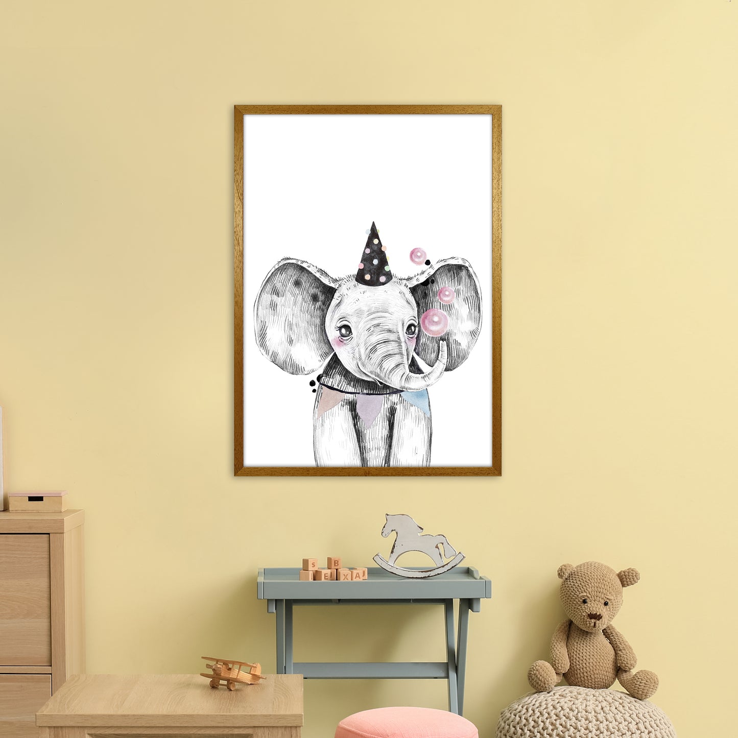 Safari Babies Elephant With Party Hat Art Print by Pixy Paper A1 Print Only