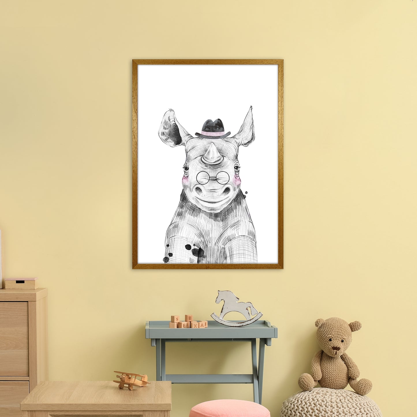 Safari Babies Rhino With Hat Art Print by Pixy Paper A1 Print Only