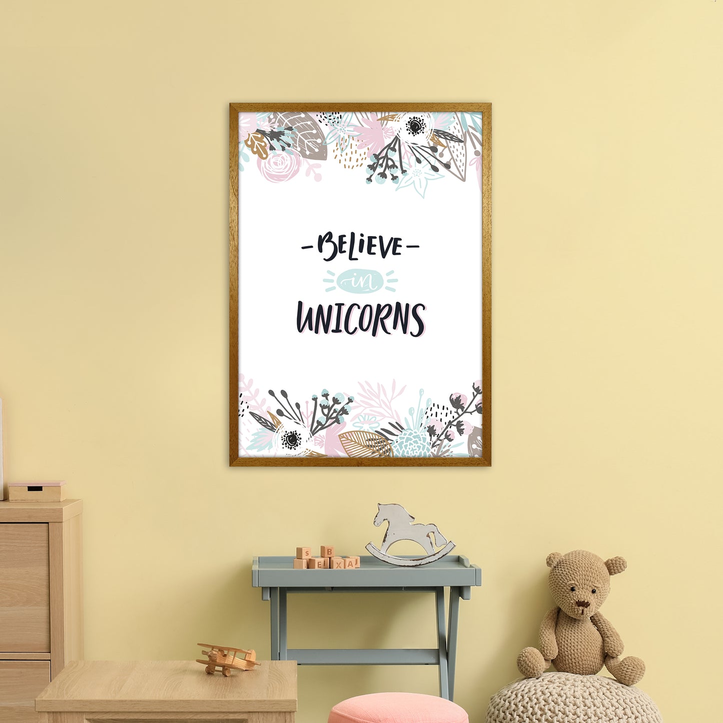 Believe In Unicorns Floral Art Print by Pixy Paper A1 Print Only