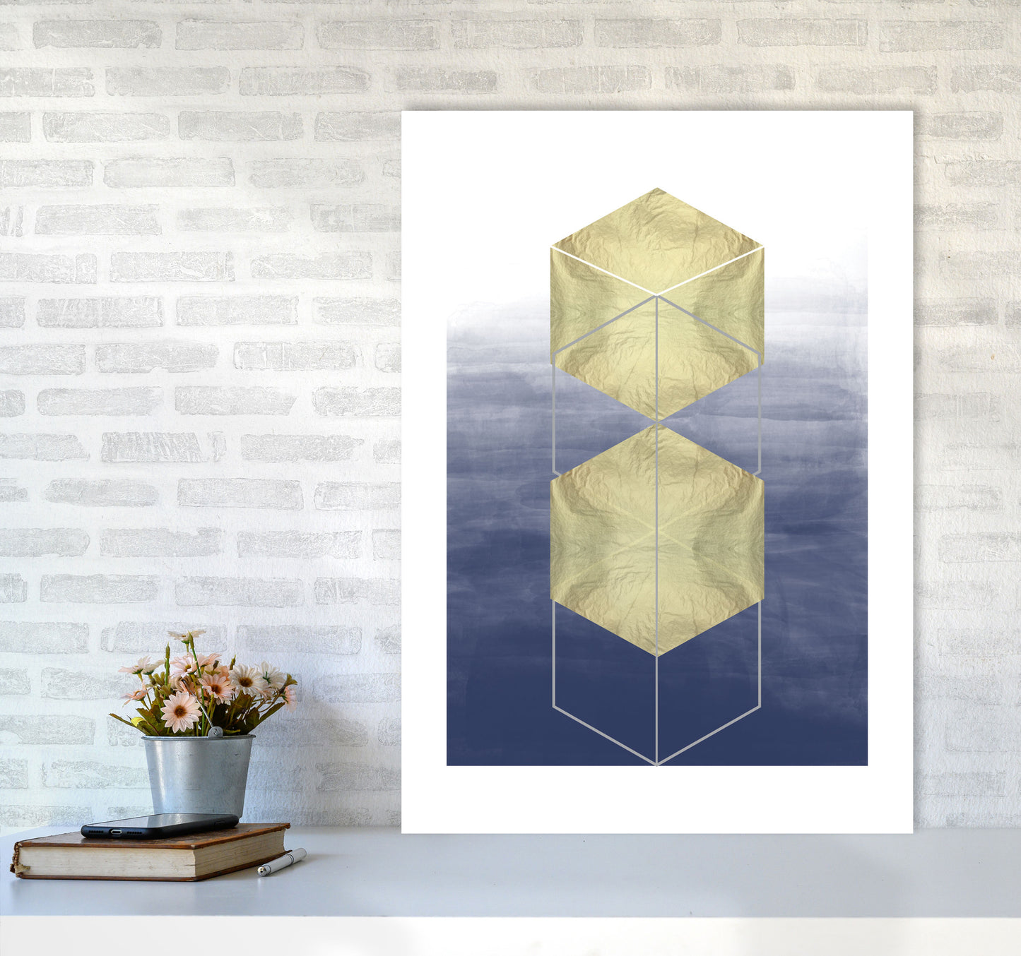 Navy And Gold Abstract Hexagons Modern Print A1 Black Frame