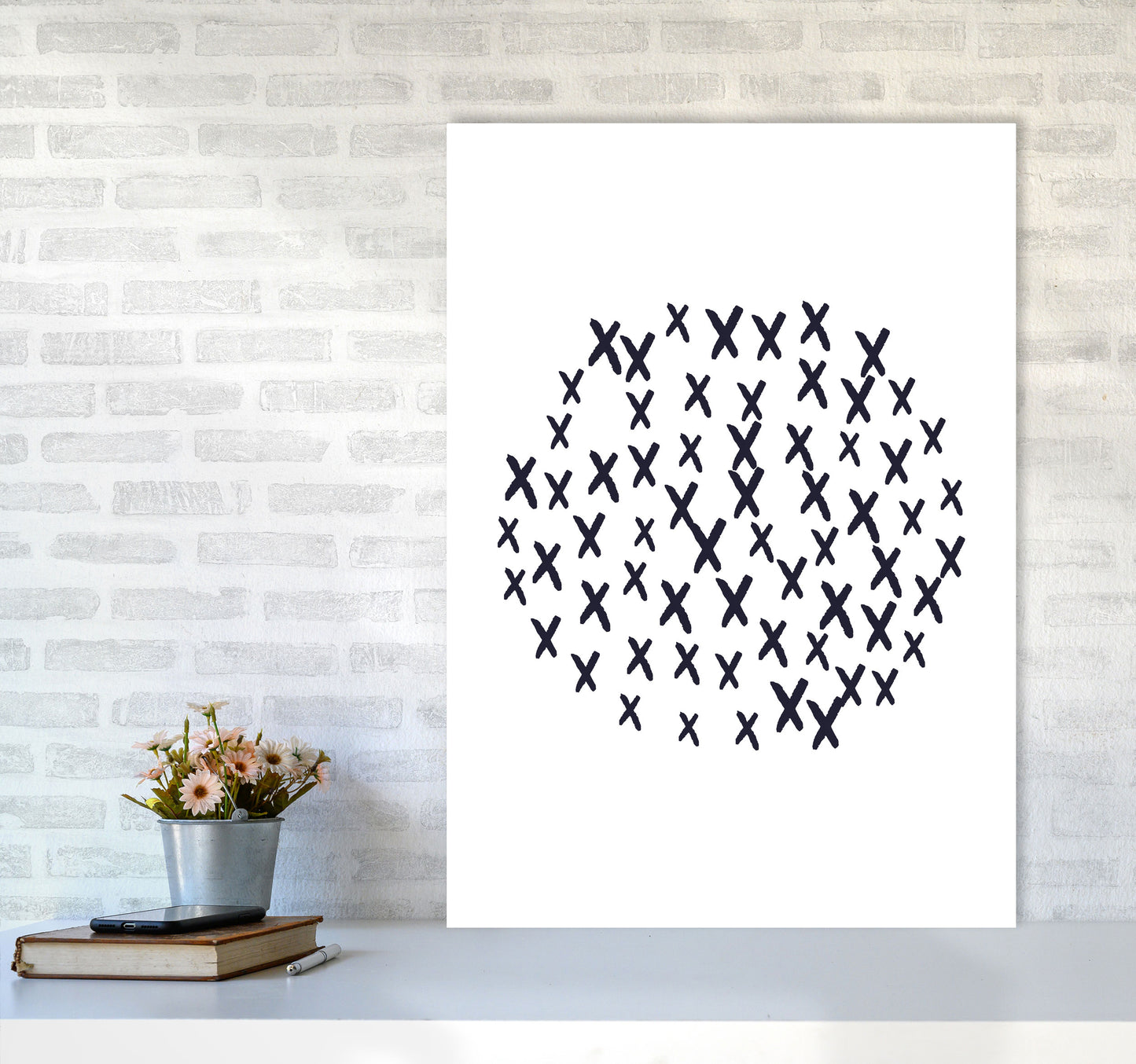Black Crosses Circle Abstract Modern Print A1 Black Frame
