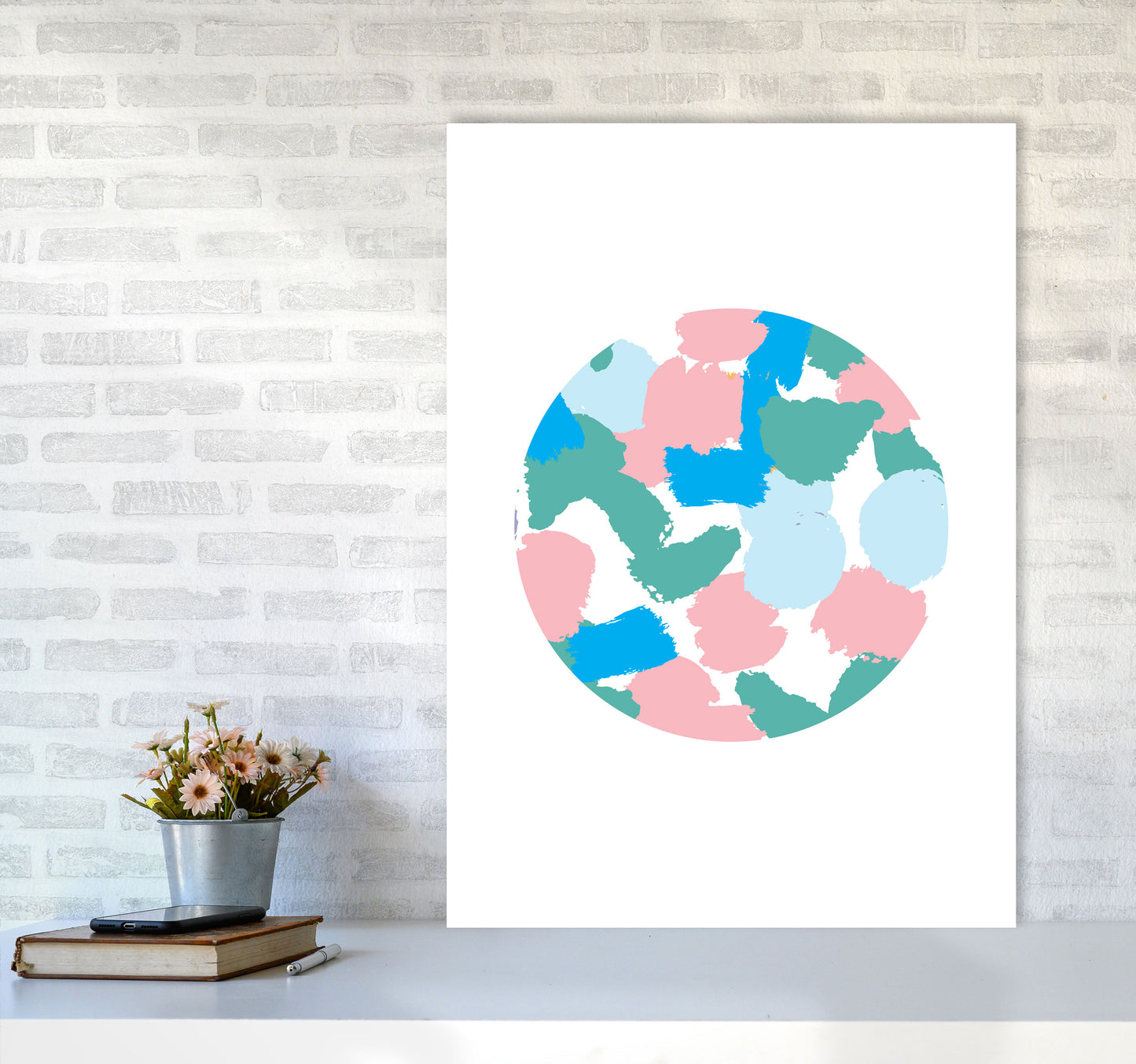 Pink And Green Paint Splodge Circle Abstract Modern Print A1 Black Frame