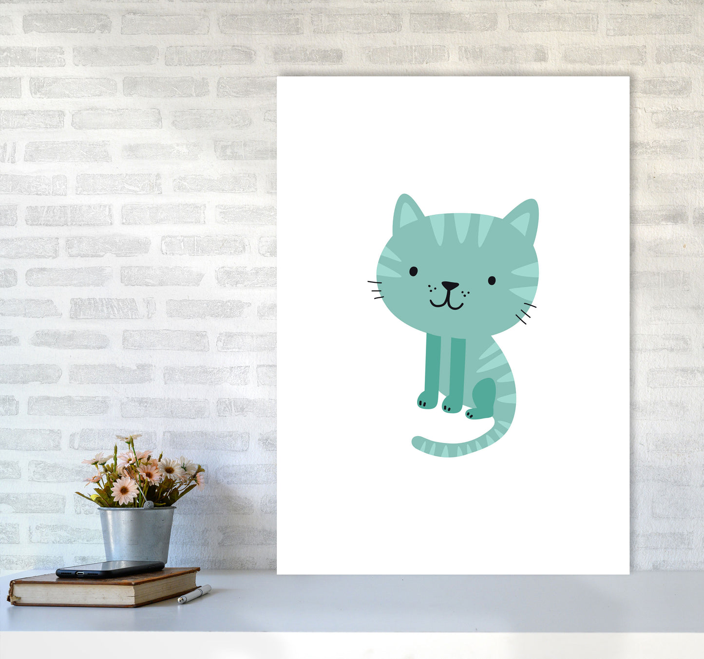 Children's Animals, Cat Modern Print A1 Black Frame