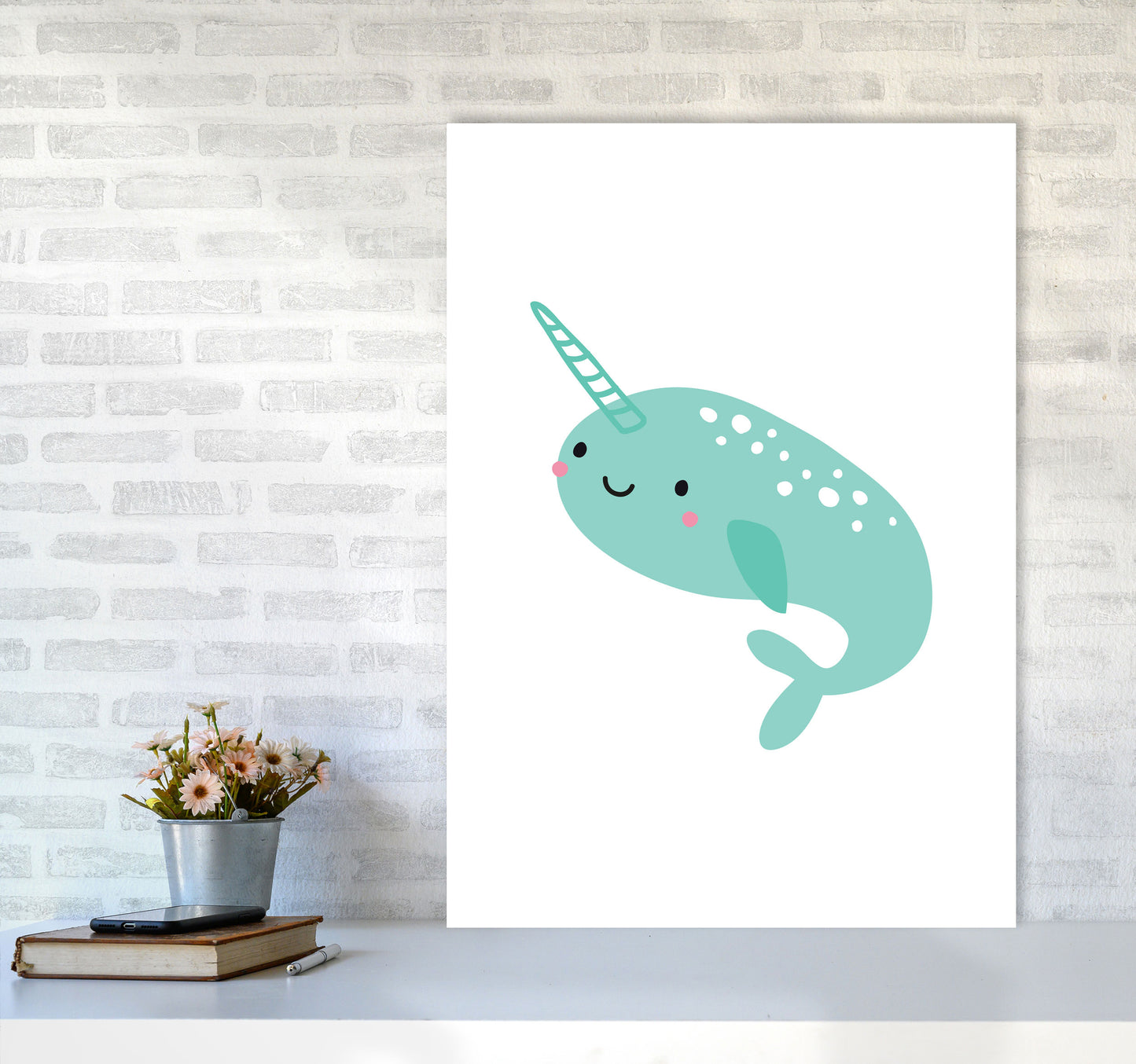 Children's Animals, Narwhal Modern Print A1 Black Frame