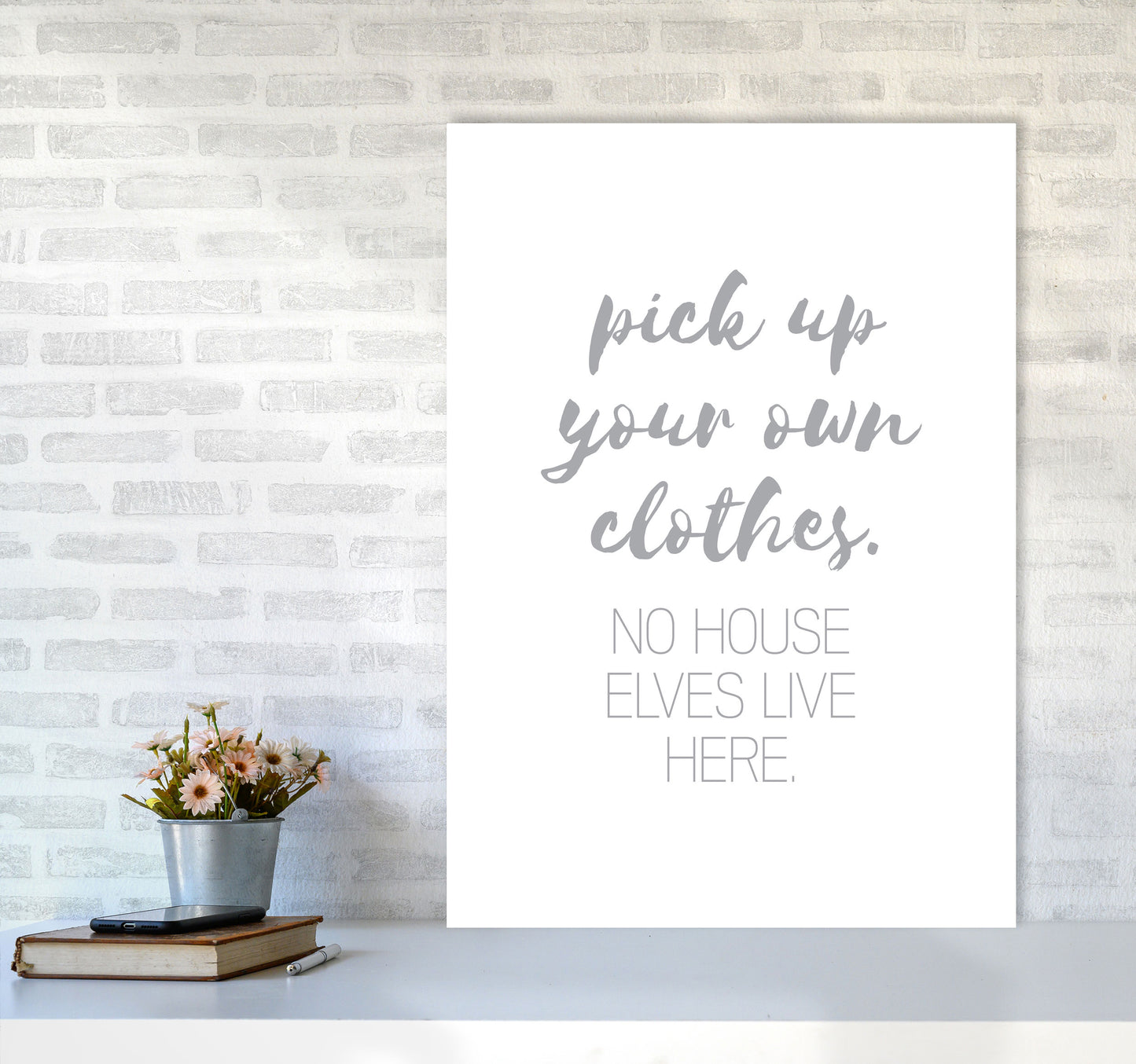 House Elves Grey, Bathroom Framed Typography Wall Art Print A1 Black Frame