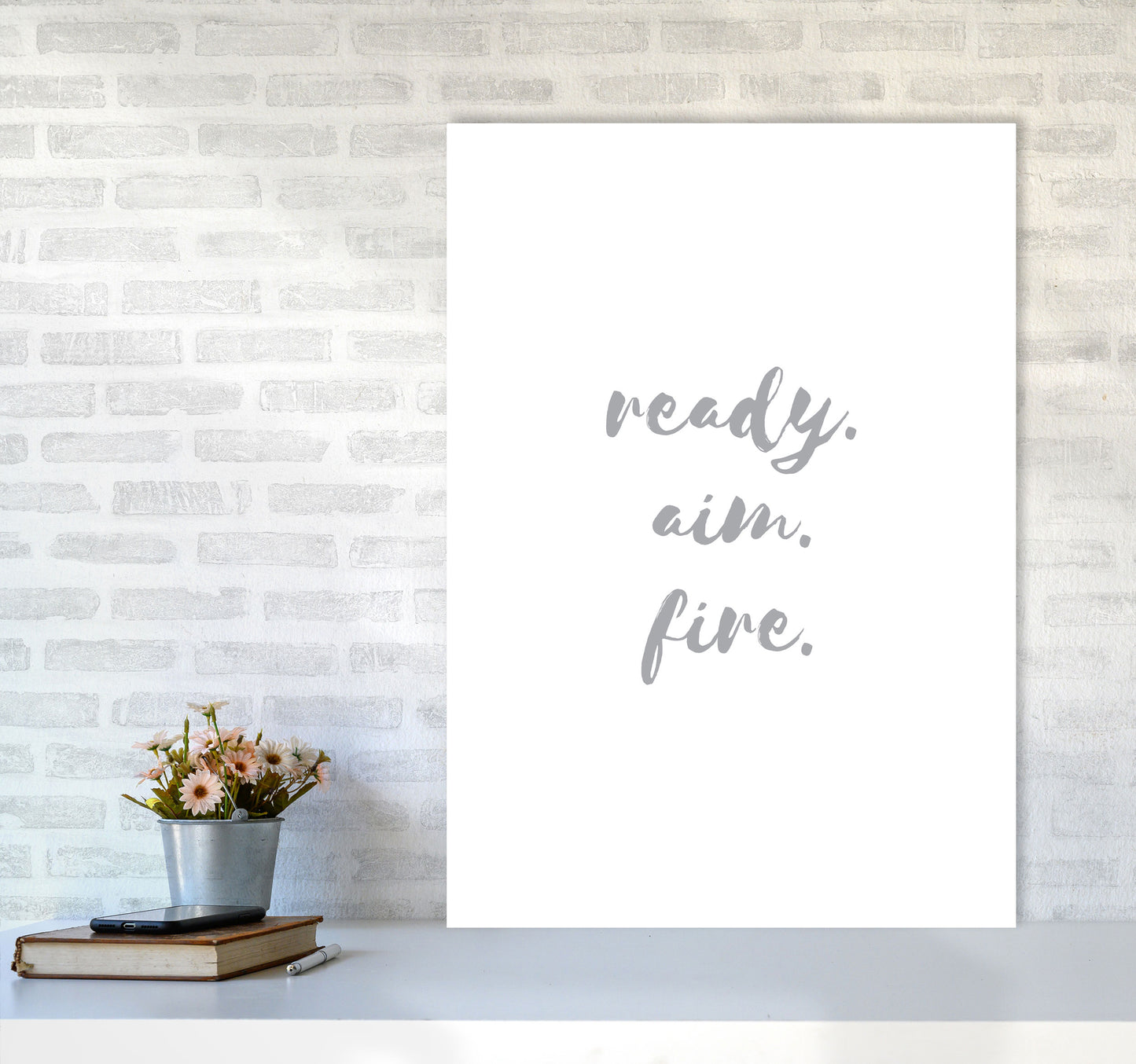 Ready Aim Fire Grey, Bathroom Modern Print, Framed Bathroom Wall Art A1 Black Frame
