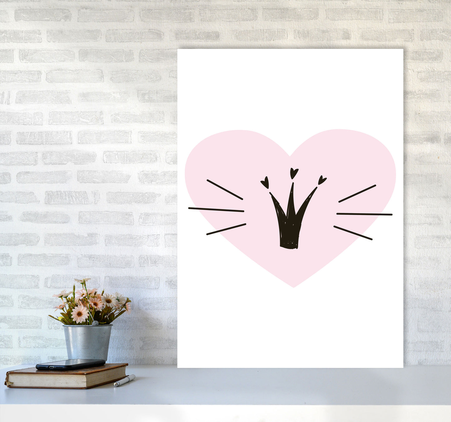 Crown With Pink Heart Framed Nursey Wall Art Print A1 Black Frame