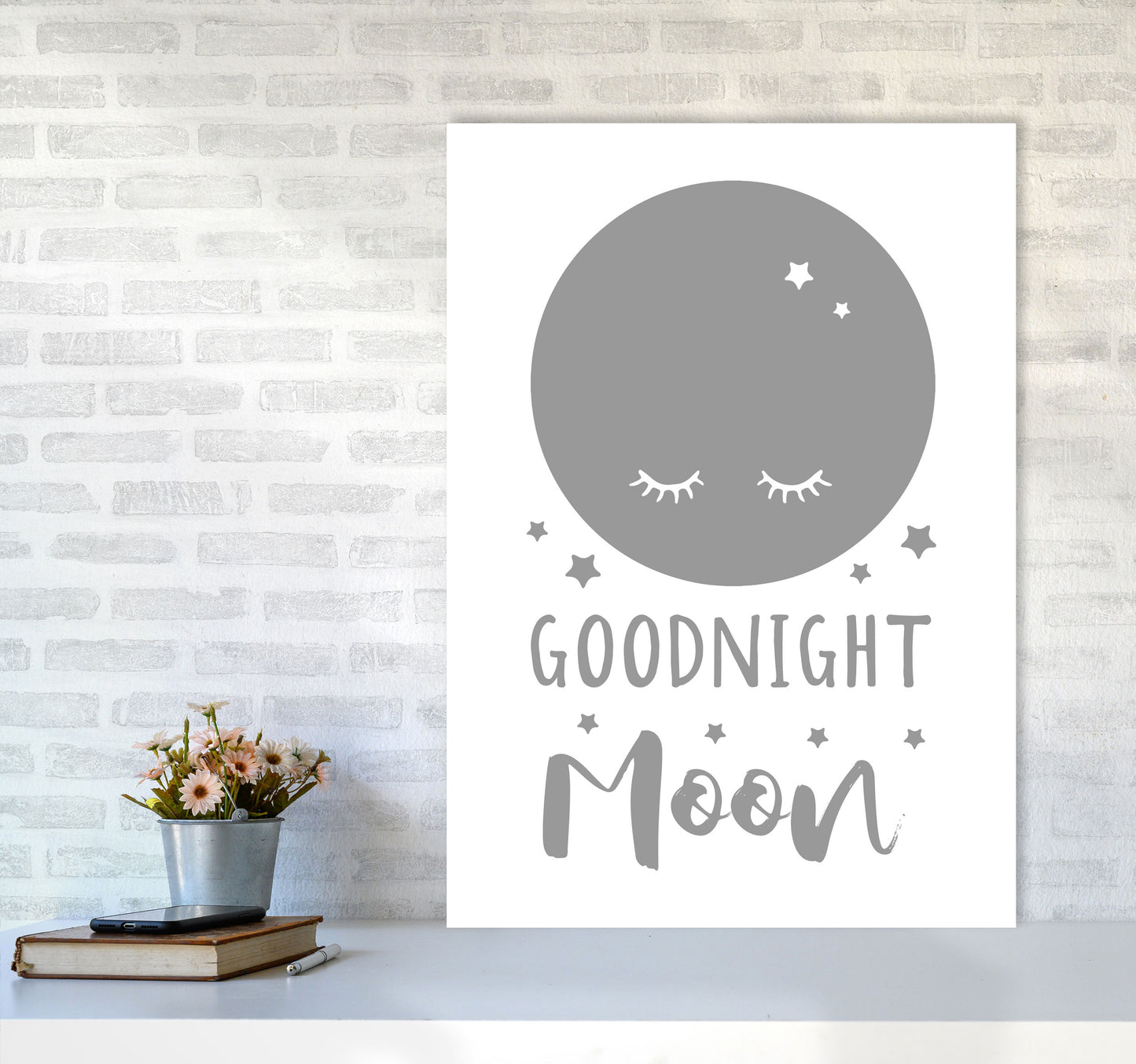 Goodnight Moon Grey Framed Nursey Wall Art Print A1 Black Frame