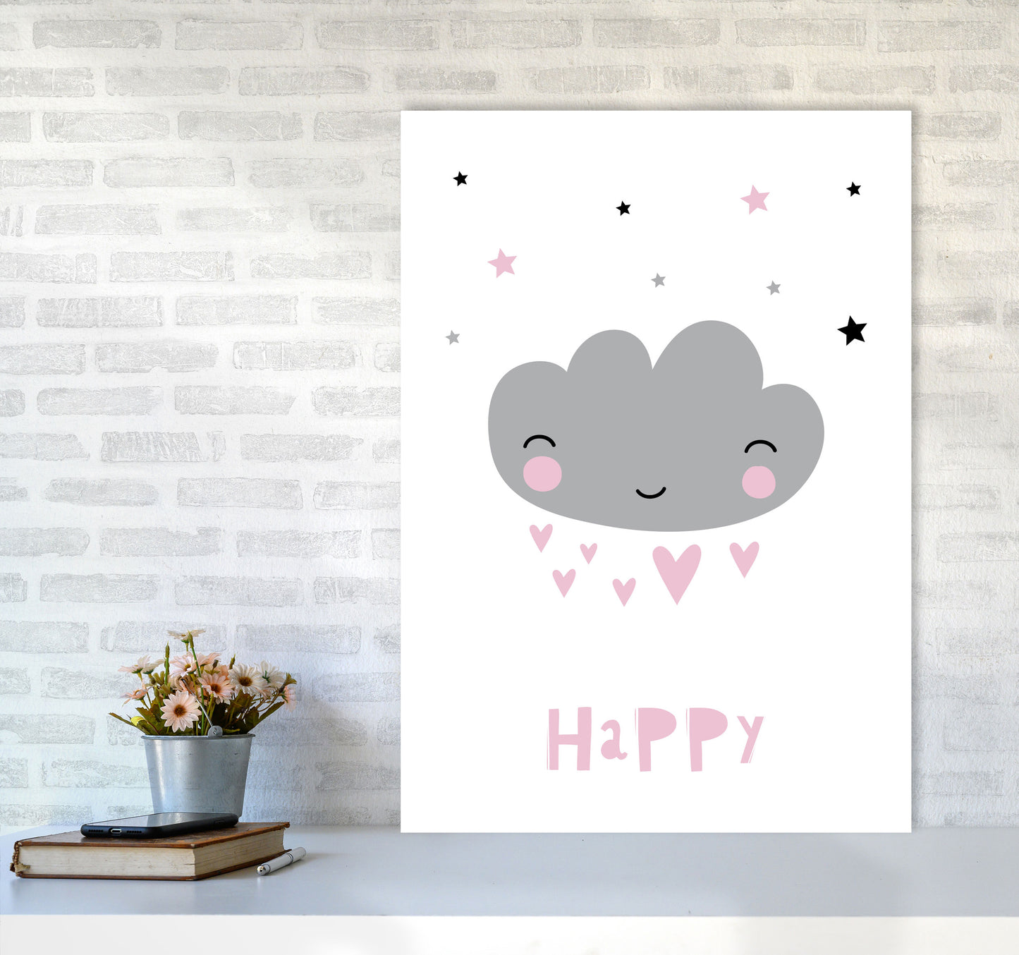 Happy Cloud Framed Nursey Wall Art Print A1 Black Frame