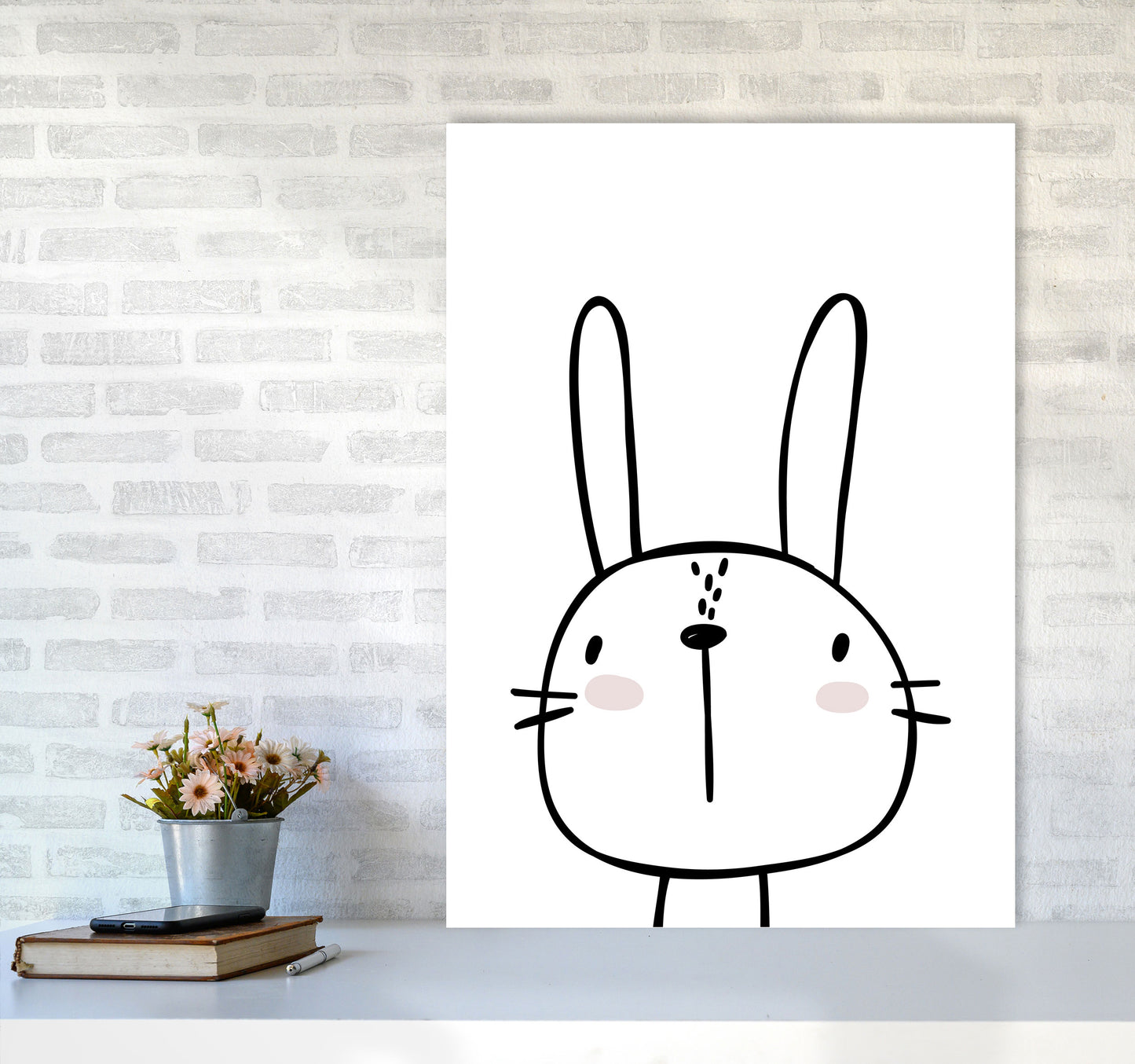 White Bunny Modern Print, Animal Art Print A1 Black Frame