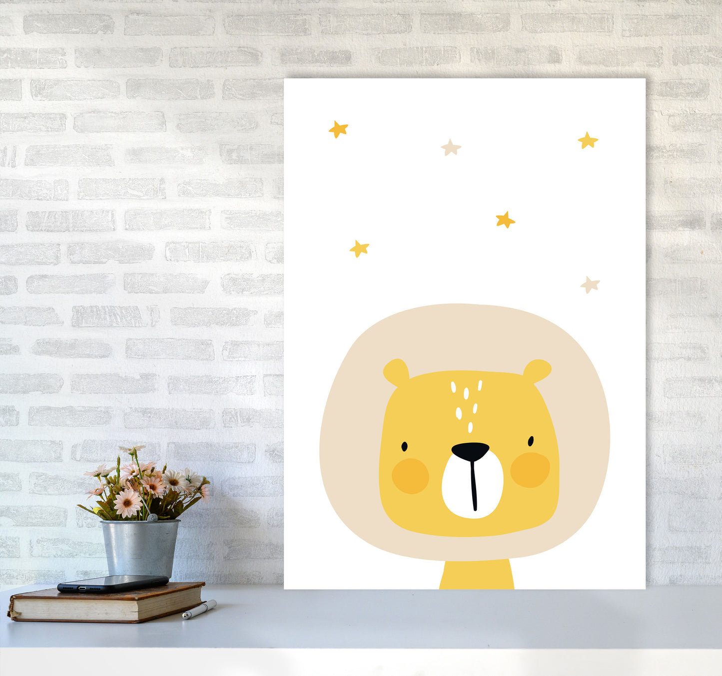 Scandi Lion And Stars Framed Nursey Wall Art Print A1 Black Frame